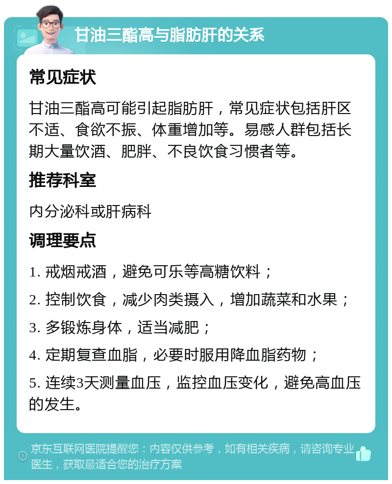 甘油三酯高与脂肪肝的关系 常见症状 甘油三酯高可能引起脂肪肝，常见症状包括肝区不适、食欲不振、体重增加等。易感人群包括长期大量饮酒、肥胖、不良饮食习惯者等。 推荐科室 内分泌科或肝病科 调理要点 1. 戒烟戒酒，避免可乐等高糖饮料； 2. 控制饮食，减少肉类摄入，增加蔬菜和水果； 3. 多锻炼身体，适当减肥； 4. 定期复查血脂，必要时服用降血脂药物； 5. 连续3天测量血压，监控血压变化，避免高血压的发生。