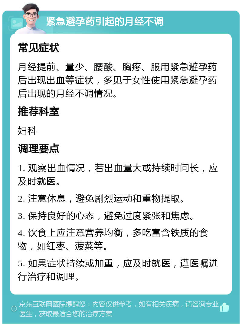 紧急避孕药引起的月经不调 常见症状 月经提前、量少、腰酸、胸疼、服用紧急避孕药后出现出血等症状，多见于女性使用紧急避孕药后出现的月经不调情况。 推荐科室 妇科 调理要点 1. 观察出血情况，若出血量大或持续时间长，应及时就医。 2. 注意休息，避免剧烈运动和重物提取。 3. 保持良好的心态，避免过度紧张和焦虑。 4. 饮食上应注意营养均衡，多吃富含铁质的食物，如红枣、菠菜等。 5. 如果症状持续或加重，应及时就医，遵医嘱进行治疗和调理。