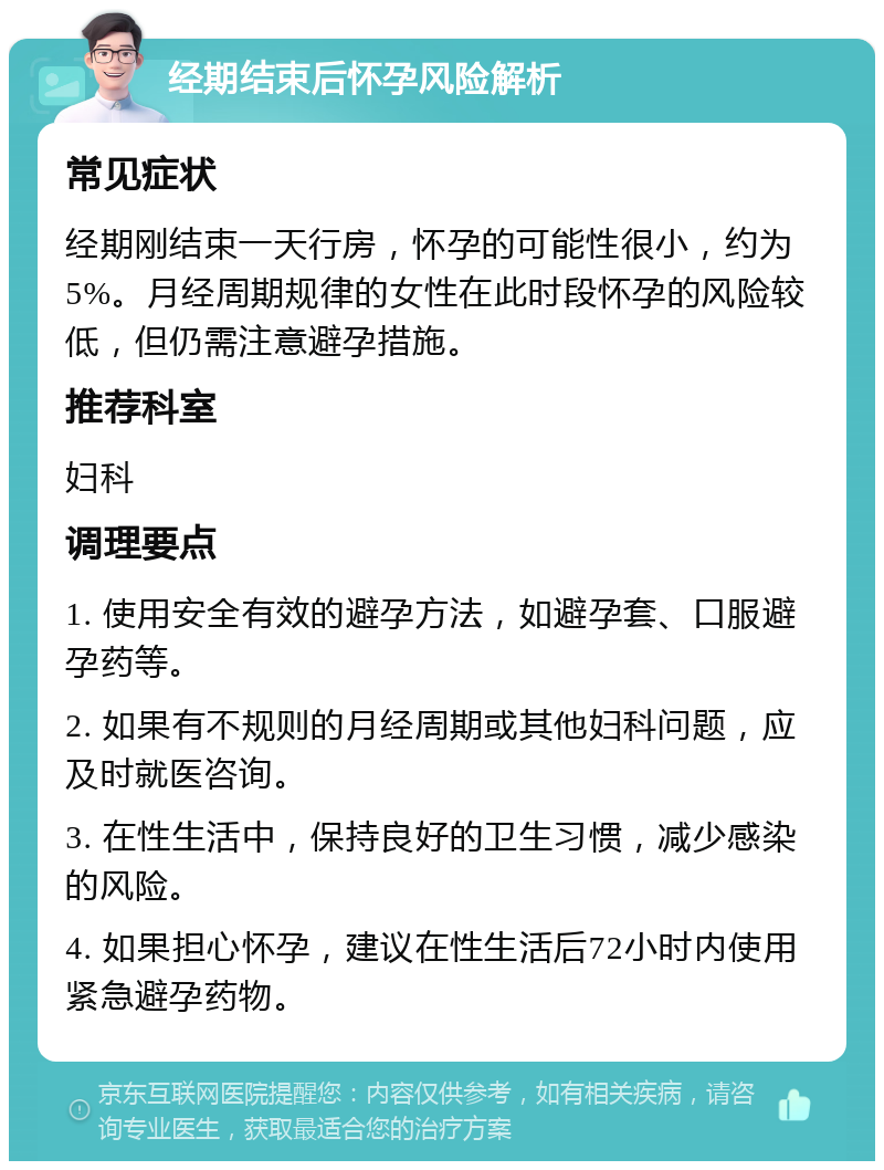 经期结束后怀孕风险解析 常见症状 经期刚结束一天行房，怀孕的可能性很小，约为5%。月经周期规律的女性在此时段怀孕的风险较低，但仍需注意避孕措施。 推荐科室 妇科 调理要点 1. 使用安全有效的避孕方法，如避孕套、口服避孕药等。 2. 如果有不规则的月经周期或其他妇科问题，应及时就医咨询。 3. 在性生活中，保持良好的卫生习惯，减少感染的风险。 4. 如果担心怀孕，建议在性生活后72小时内使用紧急避孕药物。