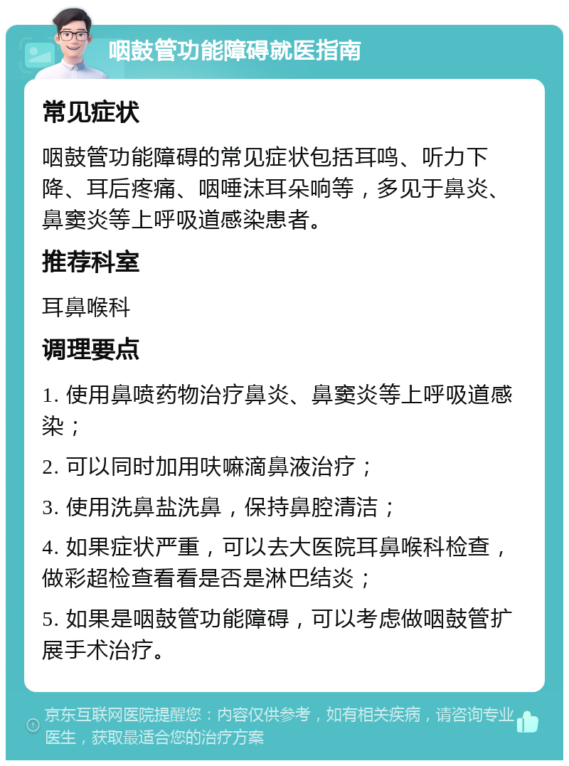 咽鼓管功能障碍就医指南 常见症状 咽鼓管功能障碍的常见症状包括耳鸣、听力下降、耳后疼痛、咽唾沫耳朵响等，多见于鼻炎、鼻窦炎等上呼吸道感染患者。 推荐科室 耳鼻喉科 调理要点 1. 使用鼻喷药物治疗鼻炎、鼻窦炎等上呼吸道感染； 2. 可以同时加用呋嘛滴鼻液治疗； 3. 使用洗鼻盐洗鼻，保持鼻腔清洁； 4. 如果症状严重，可以去大医院耳鼻喉科检查，做彩超检查看看是否是淋巴结炎； 5. 如果是咽鼓管功能障碍，可以考虑做咽鼓管扩展手术治疗。