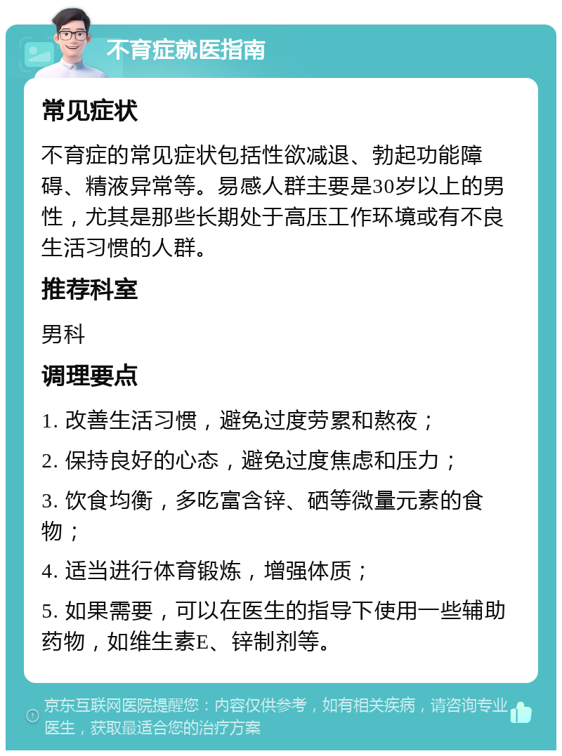 不育症就医指南 常见症状 不育症的常见症状包括性欲减退、勃起功能障碍、精液异常等。易感人群主要是30岁以上的男性，尤其是那些长期处于高压工作环境或有不良生活习惯的人群。 推荐科室 男科 调理要点 1. 改善生活习惯，避免过度劳累和熬夜； 2. 保持良好的心态，避免过度焦虑和压力； 3. 饮食均衡，多吃富含锌、硒等微量元素的食物； 4. 适当进行体育锻炼，增强体质； 5. 如果需要，可以在医生的指导下使用一些辅助药物，如维生素E、锌制剂等。