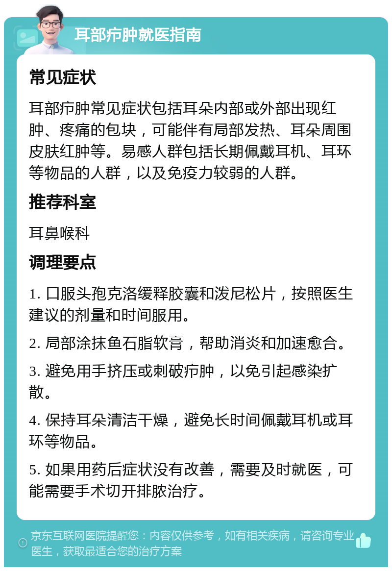 耳部疖肿就医指南 常见症状 耳部疖肿常见症状包括耳朵内部或外部出现红肿、疼痛的包块，可能伴有局部发热、耳朵周围皮肤红肿等。易感人群包括长期佩戴耳机、耳环等物品的人群，以及免疫力较弱的人群。 推荐科室 耳鼻喉科 调理要点 1. 口服头孢克洛缓释胶囊和泼尼松片，按照医生建议的剂量和时间服用。 2. 局部涂抹鱼石脂软膏，帮助消炎和加速愈合。 3. 避免用手挤压或刺破疖肿，以免引起感染扩散。 4. 保持耳朵清洁干燥，避免长时间佩戴耳机或耳环等物品。 5. 如果用药后症状没有改善，需要及时就医，可能需要手术切开排脓治疗。