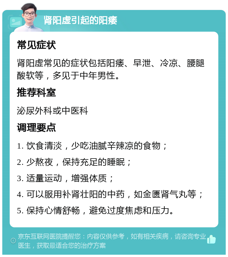 肾阳虚引起的阳痿 常见症状 肾阳虚常见的症状包括阳痿、早泄、冷凉、腰腿酸软等，多见于中年男性。 推荐科室 泌尿外科或中医科 调理要点 1. 饮食清淡，少吃油腻辛辣凉的食物； 2. 少熬夜，保持充足的睡眠； 3. 适量运动，增强体质； 4. 可以服用补肾壮阳的中药，如金匮肾气丸等； 5. 保持心情舒畅，避免过度焦虑和压力。