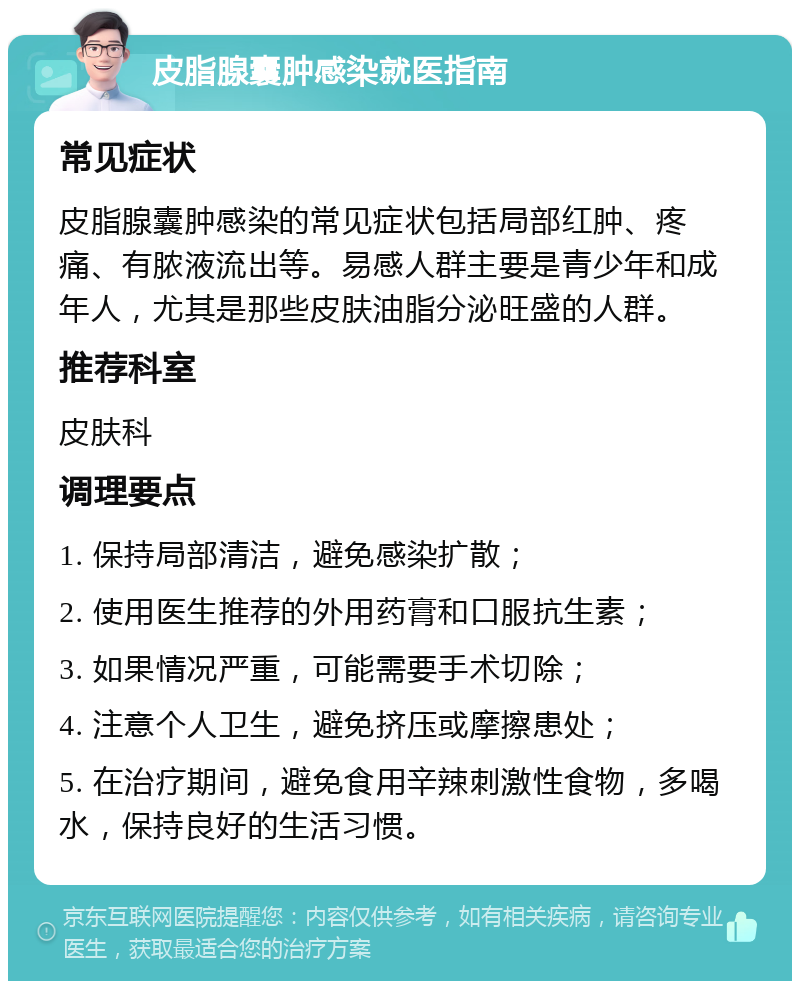 皮脂腺囊肿感染就医指南 常见症状 皮脂腺囊肿感染的常见症状包括局部红肿、疼痛、有脓液流出等。易感人群主要是青少年和成年人，尤其是那些皮肤油脂分泌旺盛的人群。 推荐科室 皮肤科 调理要点 1. 保持局部清洁，避免感染扩散； 2. 使用医生推荐的外用药膏和口服抗生素； 3. 如果情况严重，可能需要手术切除； 4. 注意个人卫生，避免挤压或摩擦患处； 5. 在治疗期间，避免食用辛辣刺激性食物，多喝水，保持良好的生活习惯。