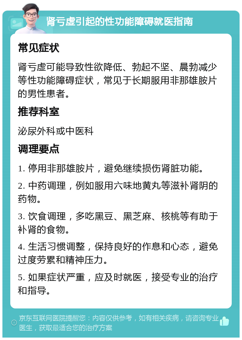 肾亏虚引起的性功能障碍就医指南 常见症状 肾亏虚可能导致性欲降低、勃起不坚、晨勃减少等性功能障碍症状，常见于长期服用非那雄胺片的男性患者。 推荐科室 泌尿外科或中医科 调理要点 1. 停用非那雄胺片，避免继续损伤肾脏功能。 2. 中药调理，例如服用六味地黄丸等滋补肾阴的药物。 3. 饮食调理，多吃黑豆、黑芝麻、核桃等有助于补肾的食物。 4. 生活习惯调整，保持良好的作息和心态，避免过度劳累和精神压力。 5. 如果症状严重，应及时就医，接受专业的治疗和指导。