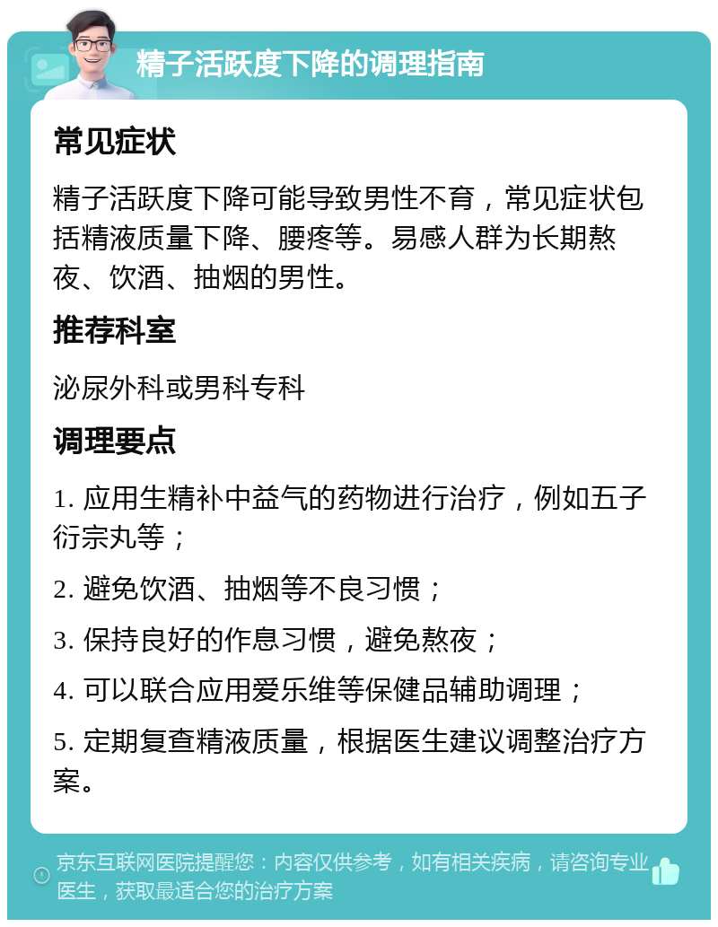 精子活跃度下降的调理指南 常见症状 精子活跃度下降可能导致男性不育，常见症状包括精液质量下降、腰疼等。易感人群为长期熬夜、饮酒、抽烟的男性。 推荐科室 泌尿外科或男科专科 调理要点 1. 应用生精补中益气的药物进行治疗，例如五子衍宗丸等； 2. 避免饮酒、抽烟等不良习惯； 3. 保持良好的作息习惯，避免熬夜； 4. 可以联合应用爱乐维等保健品辅助调理； 5. 定期复查精液质量，根据医生建议调整治疗方案。