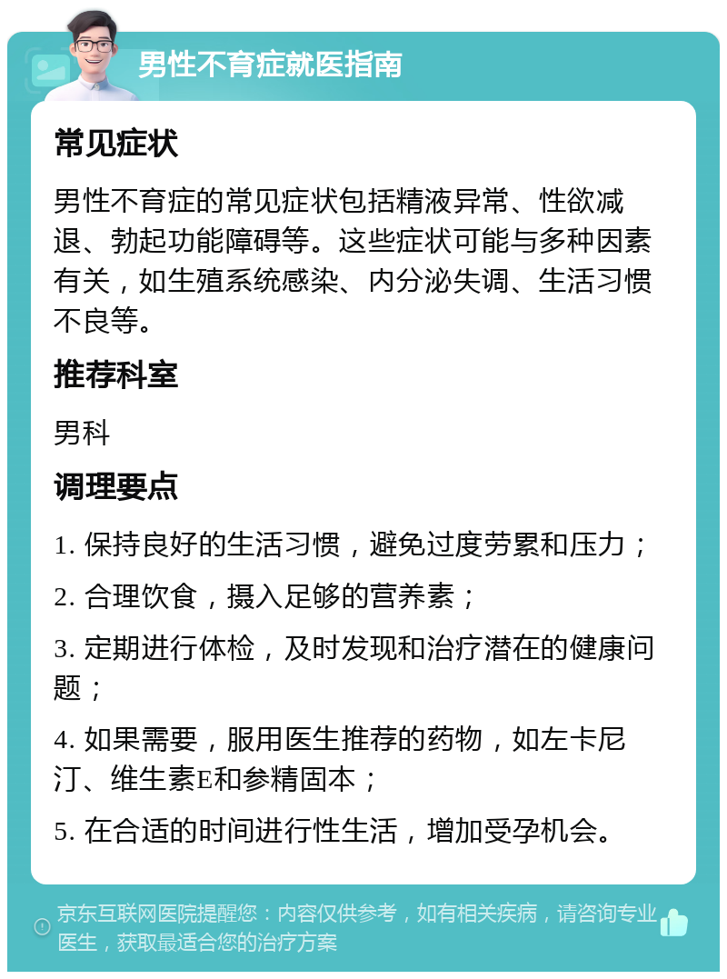 男性不育症就医指南 常见症状 男性不育症的常见症状包括精液异常、性欲减退、勃起功能障碍等。这些症状可能与多种因素有关，如生殖系统感染、内分泌失调、生活习惯不良等。 推荐科室 男科 调理要点 1. 保持良好的生活习惯，避免过度劳累和压力； 2. 合理饮食，摄入足够的营养素； 3. 定期进行体检，及时发现和治疗潜在的健康问题； 4. 如果需要，服用医生推荐的药物，如左卡尼汀、维生素E和参精固本； 5. 在合适的时间进行性生活，增加受孕机会。