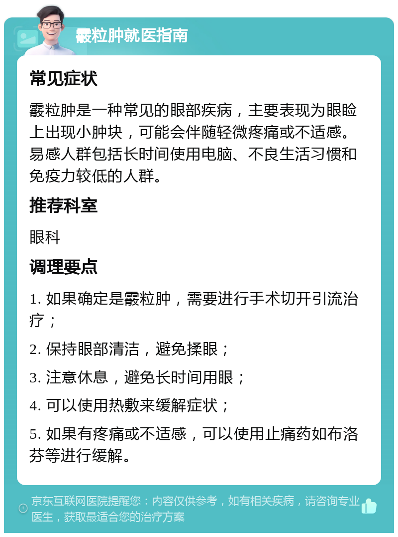 霰粒肿就医指南 常见症状 霰粒肿是一种常见的眼部疾病，主要表现为眼睑上出现小肿块，可能会伴随轻微疼痛或不适感。易感人群包括长时间使用电脑、不良生活习惯和免疫力较低的人群。 推荐科室 眼科 调理要点 1. 如果确定是霰粒肿，需要进行手术切开引流治疗； 2. 保持眼部清洁，避免揉眼； 3. 注意休息，避免长时间用眼； 4. 可以使用热敷来缓解症状； 5. 如果有疼痛或不适感，可以使用止痛药如布洛芬等进行缓解。