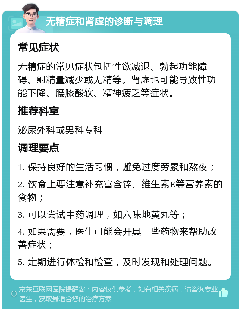 无精症和肾虚的诊断与调理 常见症状 无精症的常见症状包括性欲减退、勃起功能障碍、射精量减少或无精等。肾虚也可能导致性功能下降、腰膝酸软、精神疲乏等症状。 推荐科室 泌尿外科或男科专科 调理要点 1. 保持良好的生活习惯，避免过度劳累和熬夜； 2. 饮食上要注意补充富含锌、维生素E等营养素的食物； 3. 可以尝试中药调理，如六味地黄丸等； 4. 如果需要，医生可能会开具一些药物来帮助改善症状； 5. 定期进行体检和检查，及时发现和处理问题。