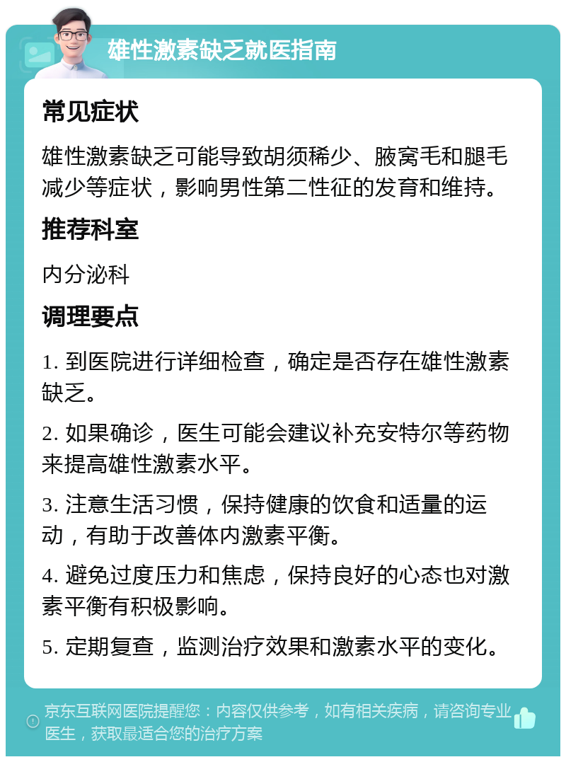 雄性激素缺乏就医指南 常见症状 雄性激素缺乏可能导致胡须稀少、腋窝毛和腿毛减少等症状，影响男性第二性征的发育和维持。 推荐科室 内分泌科 调理要点 1. 到医院进行详细检查，确定是否存在雄性激素缺乏。 2. 如果确诊，医生可能会建议补充安特尔等药物来提高雄性激素水平。 3. 注意生活习惯，保持健康的饮食和适量的运动，有助于改善体内激素平衡。 4. 避免过度压力和焦虑，保持良好的心态也对激素平衡有积极影响。 5. 定期复查，监测治疗效果和激素水平的变化。