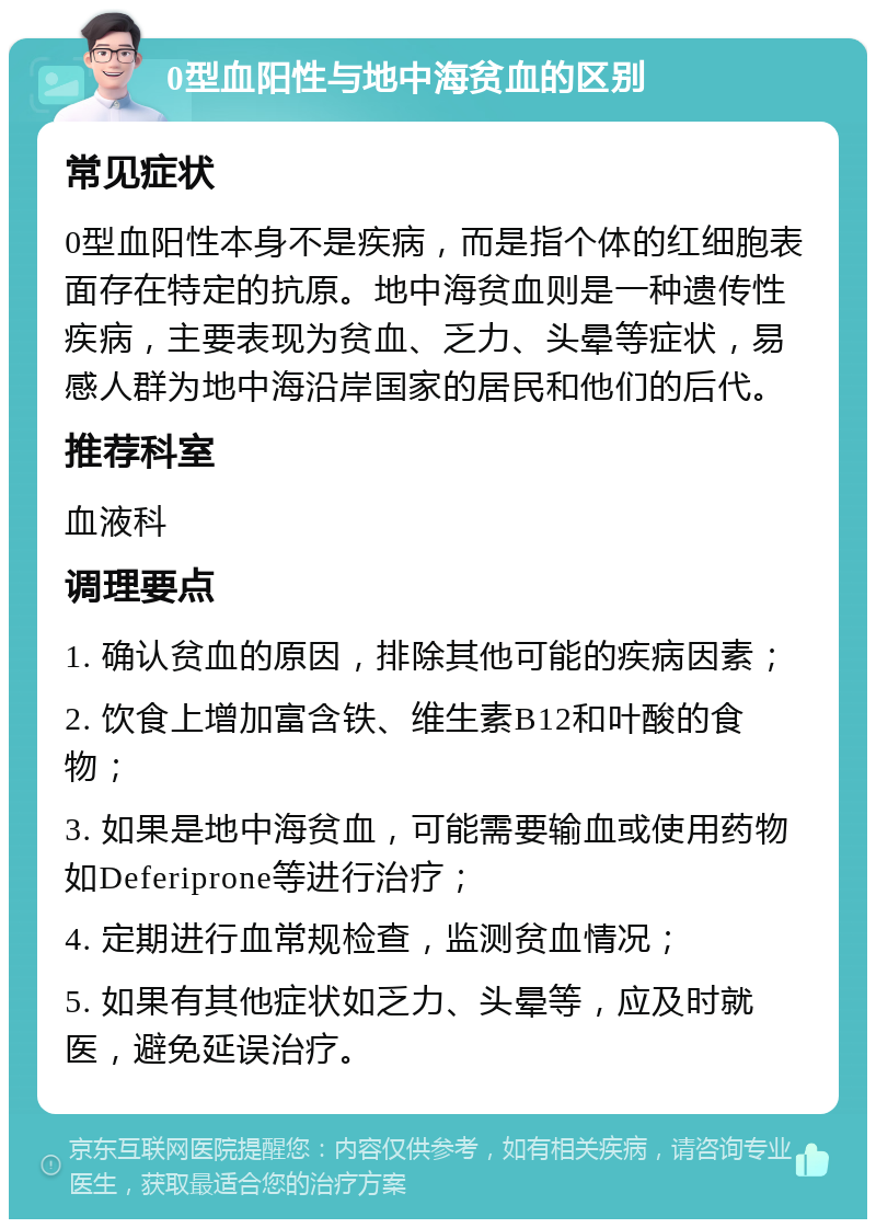 0型血阳性与地中海贫血的区别 常见症状 0型血阳性本身不是疾病，而是指个体的红细胞表面存在特定的抗原。地中海贫血则是一种遗传性疾病，主要表现为贫血、乏力、头晕等症状，易感人群为地中海沿岸国家的居民和他们的后代。 推荐科室 血液科 调理要点 1. 确认贫血的原因，排除其他可能的疾病因素； 2. 饮食上增加富含铁、维生素B12和叶酸的食物； 3. 如果是地中海贫血，可能需要输血或使用药物如Deferiprone等进行治疗； 4. 定期进行血常规检查，监测贫血情况； 5. 如果有其他症状如乏力、头晕等，应及时就医，避免延误治疗。