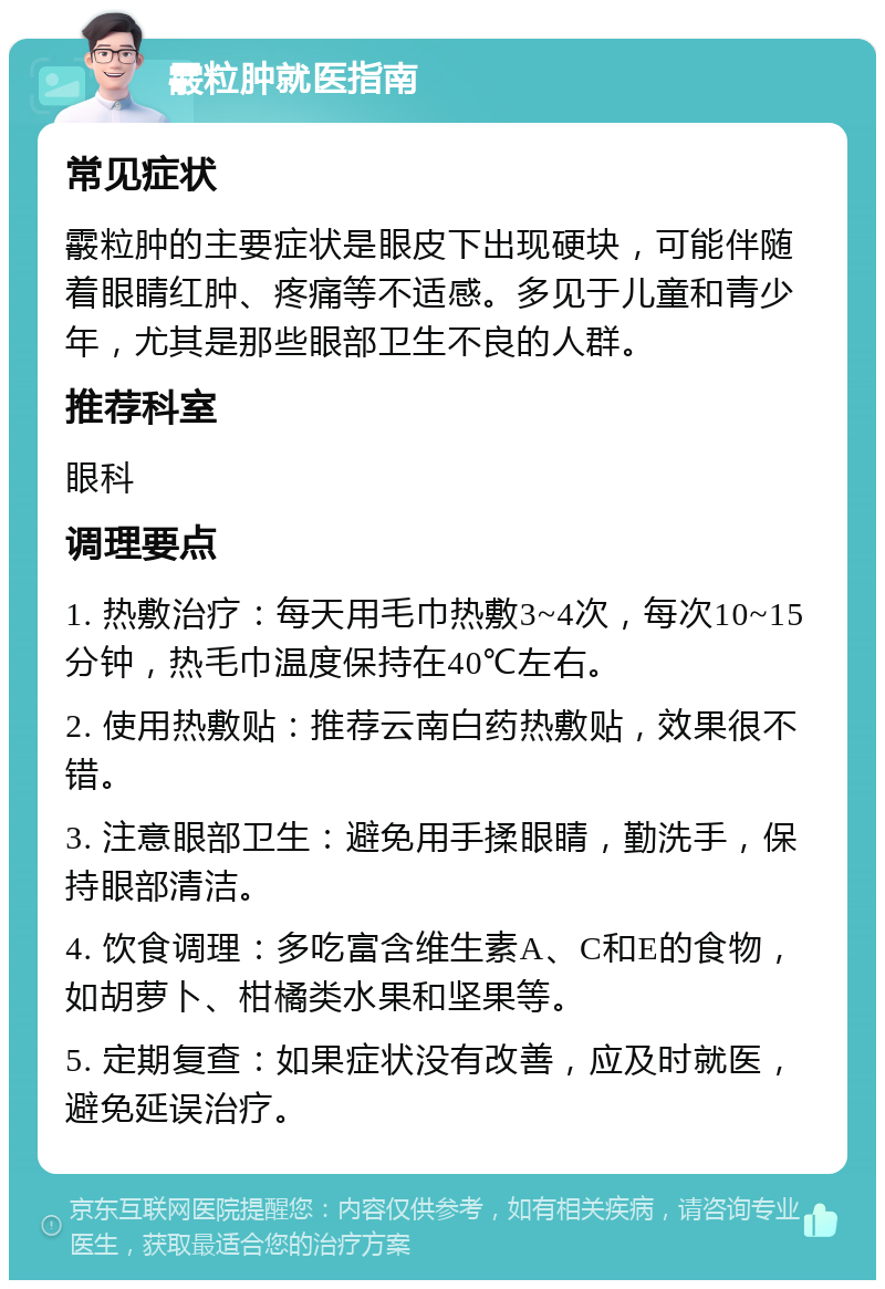 霰粒肿就医指南 常见症状 霰粒肿的主要症状是眼皮下出现硬块，可能伴随着眼睛红肿、疼痛等不适感。多见于儿童和青少年，尤其是那些眼部卫生不良的人群。 推荐科室 眼科 调理要点 1. 热敷治疗：每天用毛巾热敷3~4次，每次10~15分钟，热毛巾温度保持在40℃左右。 2. 使用热敷贴：推荐云南白药热敷贴，效果很不错。 3. 注意眼部卫生：避免用手揉眼睛，勤洗手，保持眼部清洁。 4. 饮食调理：多吃富含维生素A、C和E的食物，如胡萝卜、柑橘类水果和坚果等。 5. 定期复查：如果症状没有改善，应及时就医，避免延误治疗。