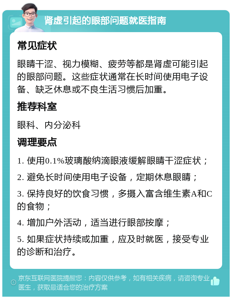 肾虚引起的眼部问题就医指南 常见症状 眼睛干涩、视力模糊、疲劳等都是肾虚可能引起的眼部问题。这些症状通常在长时间使用电子设备、缺乏休息或不良生活习惯后加重。 推荐科室 眼科、内分泌科 调理要点 1. 使用0.1%玻璃酸纳滴眼液缓解眼睛干涩症状； 2. 避免长时间使用电子设备，定期休息眼睛； 3. 保持良好的饮食习惯，多摄入富含维生素A和C的食物； 4. 增加户外活动，适当进行眼部按摩； 5. 如果症状持续或加重，应及时就医，接受专业的诊断和治疗。