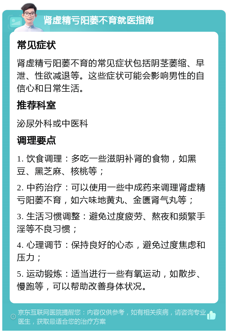 肾虚精亏阳萎不育就医指南 常见症状 肾虚精亏阳萎不育的常见症状包括阴茎萎缩、早泄、性欲减退等。这些症状可能会影响男性的自信心和日常生活。 推荐科室 泌尿外科或中医科 调理要点 1. 饮食调理：多吃一些滋阴补肾的食物，如黑豆、黑芝麻、核桃等； 2. 中药治疗：可以使用一些中成药来调理肾虚精亏阳萎不育，如六味地黄丸、金匮肾气丸等； 3. 生活习惯调整：避免过度疲劳、熬夜和频繁手淫等不良习惯； 4. 心理调节：保持良好的心态，避免过度焦虑和压力； 5. 运动锻炼：适当进行一些有氧运动，如散步、慢跑等，可以帮助改善身体状况。