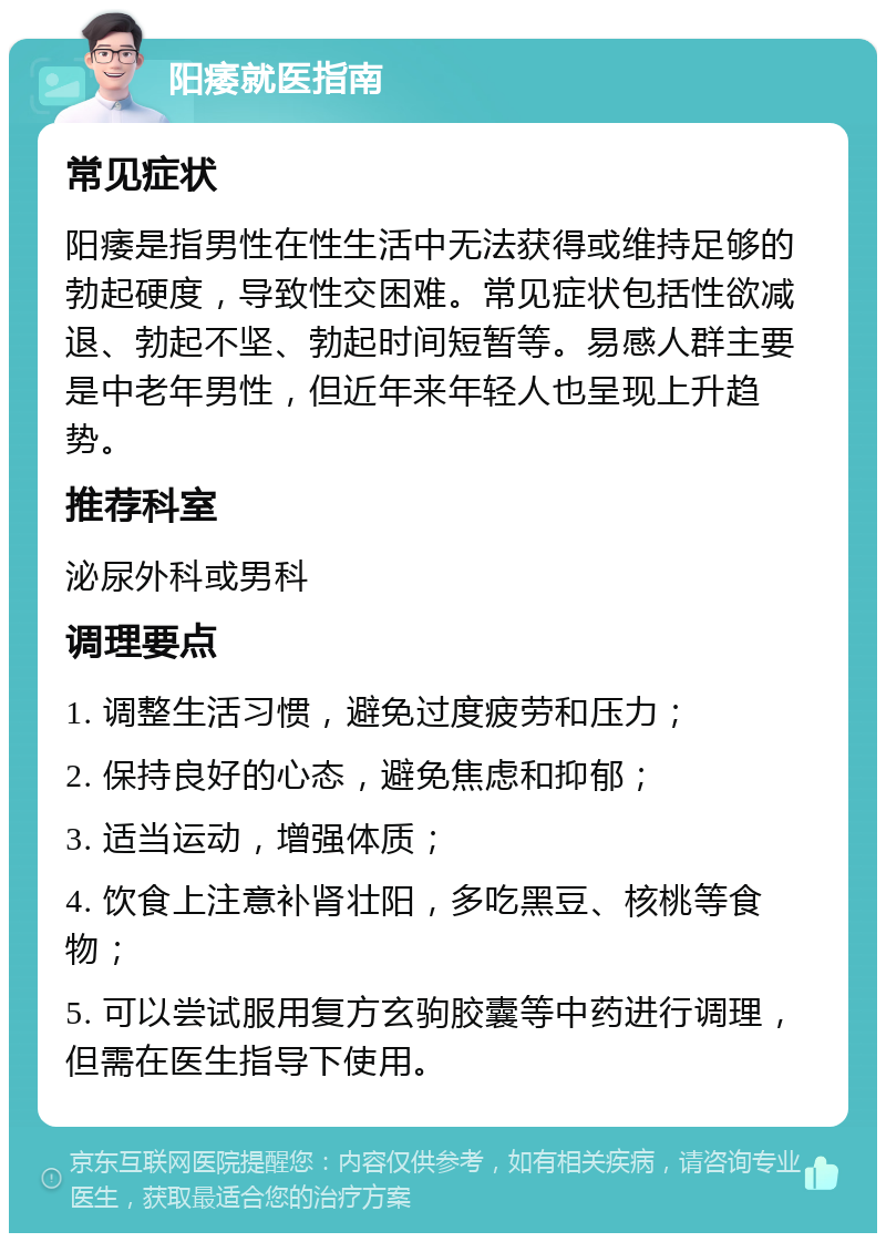 阳痿就医指南 常见症状 阳痿是指男性在性生活中无法获得或维持足够的勃起硬度，导致性交困难。常见症状包括性欲减退、勃起不坚、勃起时间短暂等。易感人群主要是中老年男性，但近年来年轻人也呈现上升趋势。 推荐科室 泌尿外科或男科 调理要点 1. 调整生活习惯，避免过度疲劳和压力； 2. 保持良好的心态，避免焦虑和抑郁； 3. 适当运动，增强体质； 4. 饮食上注意补肾壮阳，多吃黑豆、核桃等食物； 5. 可以尝试服用复方玄驹胶囊等中药进行调理，但需在医生指导下使用。