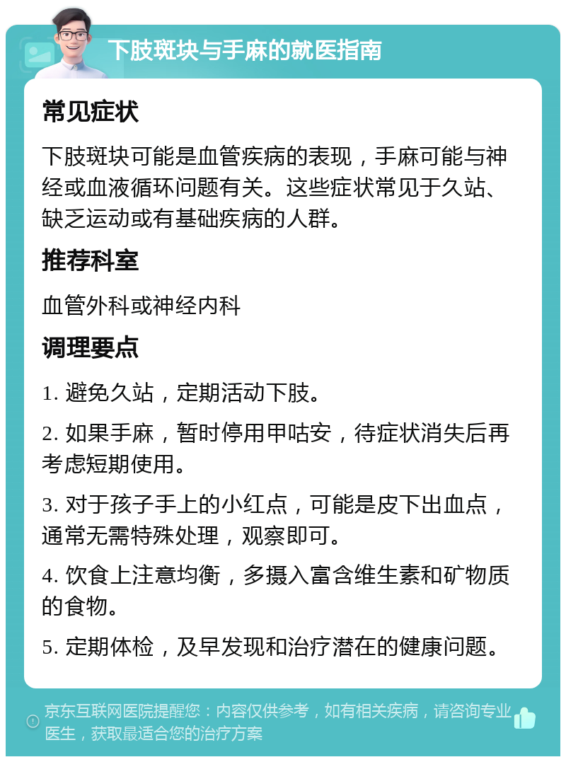 下肢斑块与手麻的就医指南 常见症状 下肢斑块可能是血管疾病的表现，手麻可能与神经或血液循环问题有关。这些症状常见于久站、缺乏运动或有基础疾病的人群。 推荐科室 血管外科或神经内科 调理要点 1. 避免久站，定期活动下肢。 2. 如果手麻，暂时停用甲咕安，待症状消失后再考虑短期使用。 3. 对于孩子手上的小红点，可能是皮下出血点，通常无需特殊处理，观察即可。 4. 饮食上注意均衡，多摄入富含维生素和矿物质的食物。 5. 定期体检，及早发现和治疗潜在的健康问题。