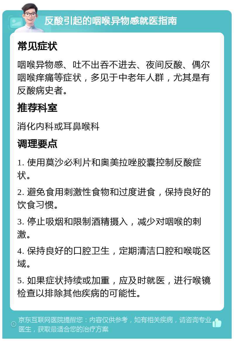 反酸引起的咽喉异物感就医指南 常见症状 咽喉异物感、吐不出吞不进去、夜间反酸、偶尔咽喉痒痛等症状，多见于中老年人群，尤其是有反酸病史者。 推荐科室 消化内科或耳鼻喉科 调理要点 1. 使用莫沙必利片和奥美拉唑胶囊控制反酸症状。 2. 避免食用刺激性食物和过度进食，保持良好的饮食习惯。 3. 停止吸烟和限制酒精摄入，减少对咽喉的刺激。 4. 保持良好的口腔卫生，定期清洁口腔和喉咙区域。 5. 如果症状持续或加重，应及时就医，进行喉镜检查以排除其他疾病的可能性。