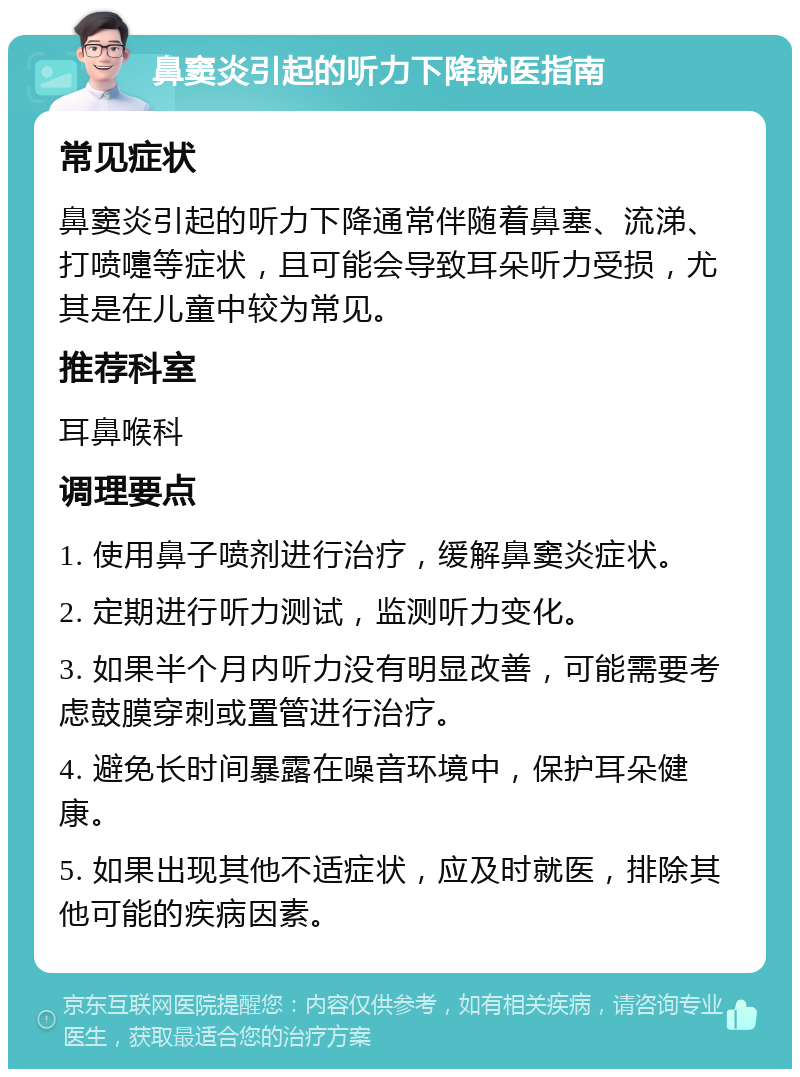 鼻窦炎引起的听力下降就医指南 常见症状 鼻窦炎引起的听力下降通常伴随着鼻塞、流涕、打喷嚏等症状，且可能会导致耳朵听力受损，尤其是在儿童中较为常见。 推荐科室 耳鼻喉科 调理要点 1. 使用鼻子喷剂进行治疗，缓解鼻窦炎症状。 2. 定期进行听力测试，监测听力变化。 3. 如果半个月内听力没有明显改善，可能需要考虑鼓膜穿刺或置管进行治疗。 4. 避免长时间暴露在噪音环境中，保护耳朵健康。 5. 如果出现其他不适症状，应及时就医，排除其他可能的疾病因素。