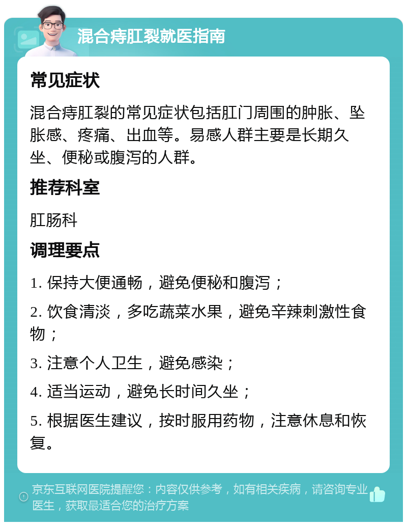 混合痔肛裂就医指南 常见症状 混合痔肛裂的常见症状包括肛门周围的肿胀、坠胀感、疼痛、出血等。易感人群主要是长期久坐、便秘或腹泻的人群。 推荐科室 肛肠科 调理要点 1. 保持大便通畅，避免便秘和腹泻； 2. 饮食清淡，多吃蔬菜水果，避免辛辣刺激性食物； 3. 注意个人卫生，避免感染； 4. 适当运动，避免长时间久坐； 5. 根据医生建议，按时服用药物，注意休息和恢复。