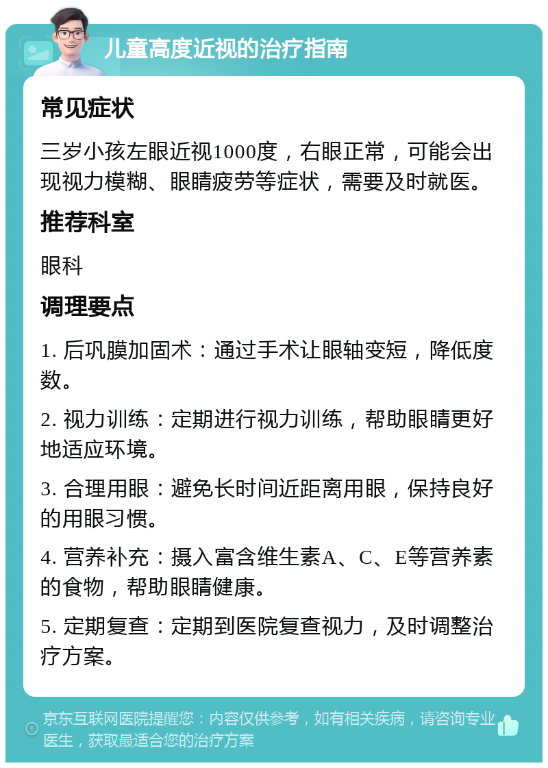 儿童高度近视的治疗指南 常见症状 三岁小孩左眼近视1000度，右眼正常，可能会出现视力模糊、眼睛疲劳等症状，需要及时就医。 推荐科室 眼科 调理要点 1. 后巩膜加固术：通过手术让眼轴变短，降低度数。 2. 视力训练：定期进行视力训练，帮助眼睛更好地适应环境。 3. 合理用眼：避免长时间近距离用眼，保持良好的用眼习惯。 4. 营养补充：摄入富含维生素A、C、E等营养素的食物，帮助眼睛健康。 5. 定期复查：定期到医院复查视力，及时调整治疗方案。