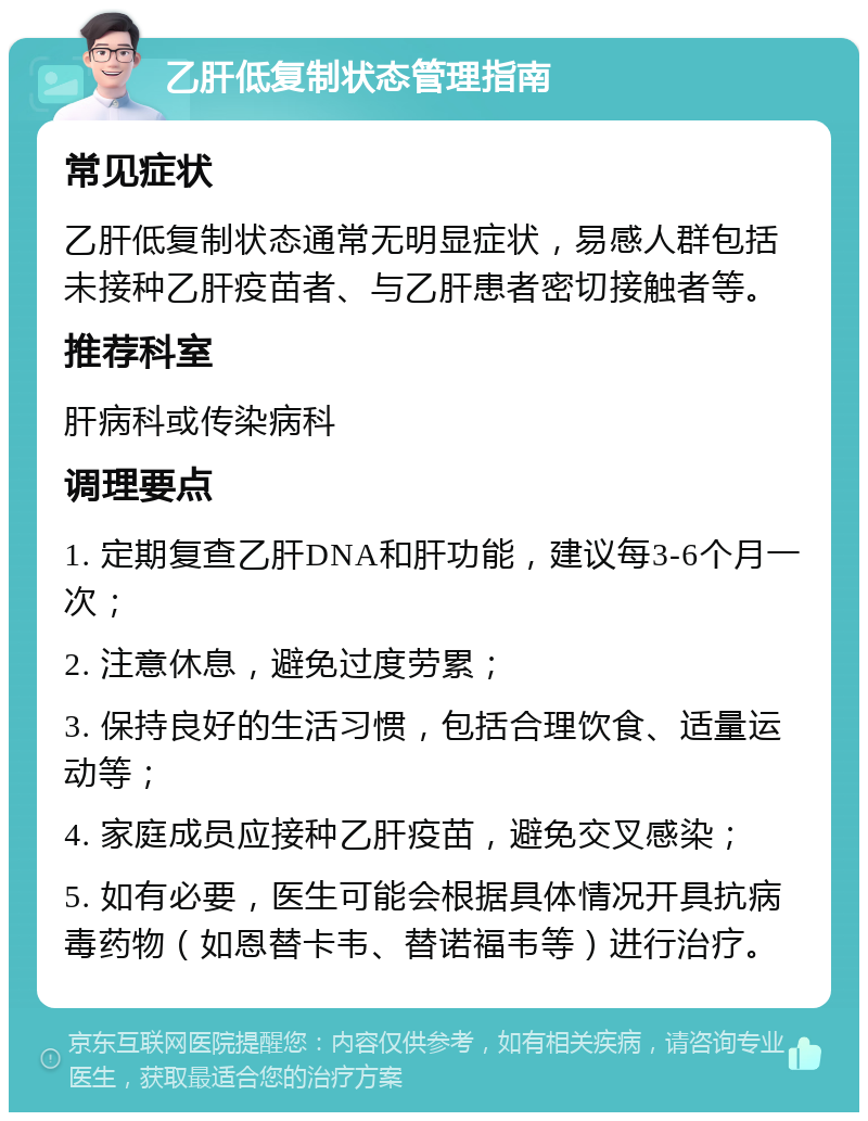 乙肝低复制状态管理指南 常见症状 乙肝低复制状态通常无明显症状，易感人群包括未接种乙肝疫苗者、与乙肝患者密切接触者等。 推荐科室 肝病科或传染病科 调理要点 1. 定期复查乙肝DNA和肝功能，建议每3-6个月一次； 2. 注意休息，避免过度劳累； 3. 保持良好的生活习惯，包括合理饮食、适量运动等； 4. 家庭成员应接种乙肝疫苗，避免交叉感染； 5. 如有必要，医生可能会根据具体情况开具抗病毒药物（如恩替卡韦、替诺福韦等）进行治疗。