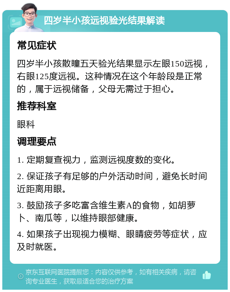 四岁半小孩远视验光结果解读 常见症状 四岁半小孩散瞳五天验光结果显示左眼150远视，右眼125度远视。这种情况在这个年龄段是正常的，属于远视储备，父母无需过于担心。 推荐科室 眼科 调理要点 1. 定期复查视力，监测远视度数的变化。 2. 保证孩子有足够的户外活动时间，避免长时间近距离用眼。 3. 鼓励孩子多吃富含维生素A的食物，如胡萝卜、南瓜等，以维持眼部健康。 4. 如果孩子出现视力模糊、眼睛疲劳等症状，应及时就医。