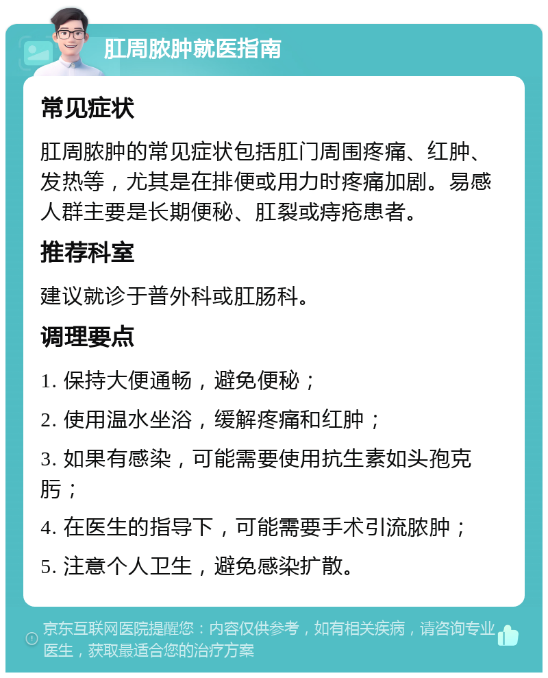 肛周脓肿就医指南 常见症状 肛周脓肿的常见症状包括肛门周围疼痛、红肿、发热等，尤其是在排便或用力时疼痛加剧。易感人群主要是长期便秘、肛裂或痔疮患者。 推荐科室 建议就诊于普外科或肛肠科。 调理要点 1. 保持大便通畅，避免便秘； 2. 使用温水坐浴，缓解疼痛和红肿； 3. 如果有感染，可能需要使用抗生素如头孢克肟； 4. 在医生的指导下，可能需要手术引流脓肿； 5. 注意个人卫生，避免感染扩散。