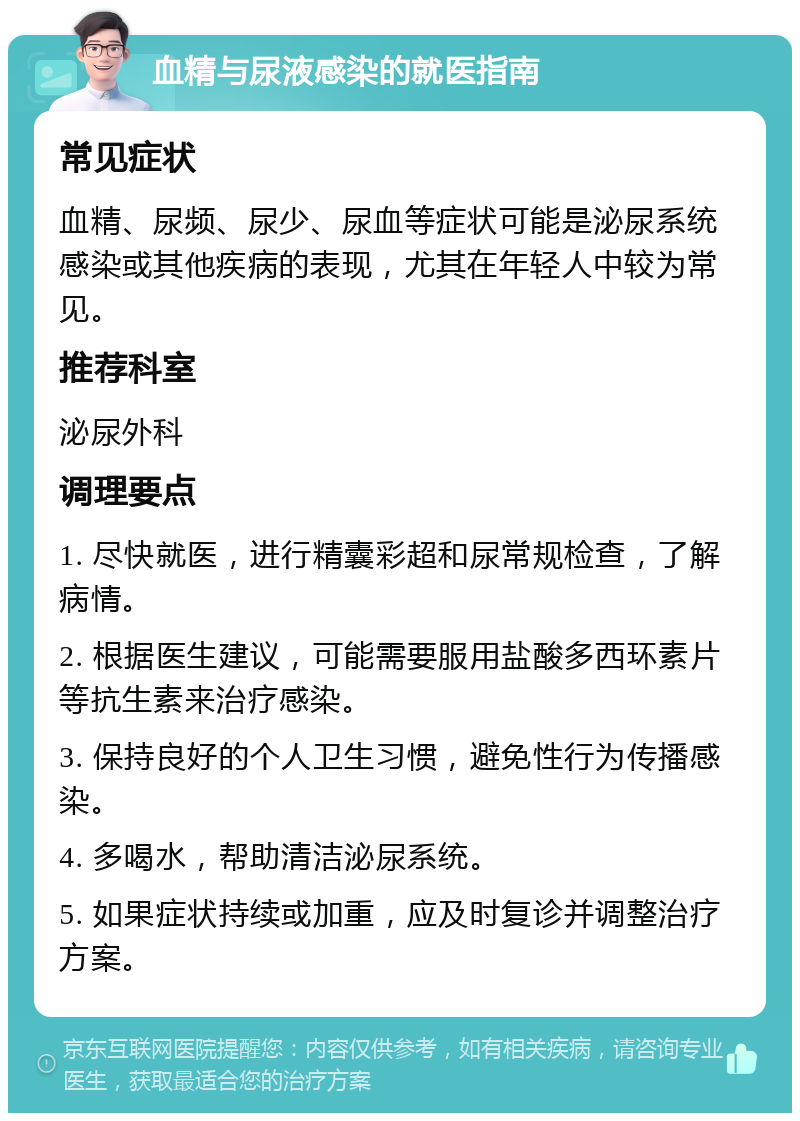 血精与尿液感染的就医指南 常见症状 血精、尿频、尿少、尿血等症状可能是泌尿系统感染或其他疾病的表现，尤其在年轻人中较为常见。 推荐科室 泌尿外科 调理要点 1. 尽快就医，进行精囊彩超和尿常规检查，了解病情。 2. 根据医生建议，可能需要服用盐酸多西环素片等抗生素来治疗感染。 3. 保持良好的个人卫生习惯，避免性行为传播感染。 4. 多喝水，帮助清洁泌尿系统。 5. 如果症状持续或加重，应及时复诊并调整治疗方案。