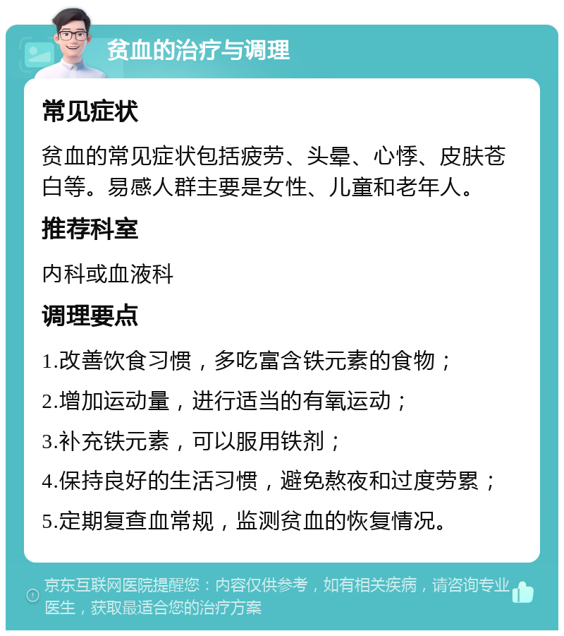 贫血的治疗与调理 常见症状 贫血的常见症状包括疲劳、头晕、心悸、皮肤苍白等。易感人群主要是女性、儿童和老年人。 推荐科室 内科或血液科 调理要点 1.改善饮食习惯，多吃富含铁元素的食物； 2.增加运动量，进行适当的有氧运动； 3.补充铁元素，可以服用铁剂； 4.保持良好的生活习惯，避免熬夜和过度劳累； 5.定期复查血常规，监测贫血的恢复情况。