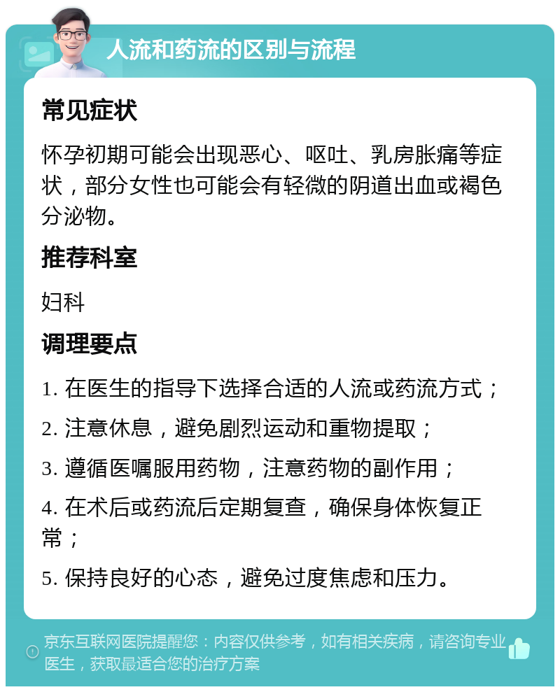 人流和药流的区别与流程 常见症状 怀孕初期可能会出现恶心、呕吐、乳房胀痛等症状，部分女性也可能会有轻微的阴道出血或褐色分泌物。 推荐科室 妇科 调理要点 1. 在医生的指导下选择合适的人流或药流方式； 2. 注意休息，避免剧烈运动和重物提取； 3. 遵循医嘱服用药物，注意药物的副作用； 4. 在术后或药流后定期复查，确保身体恢复正常； 5. 保持良好的心态，避免过度焦虑和压力。