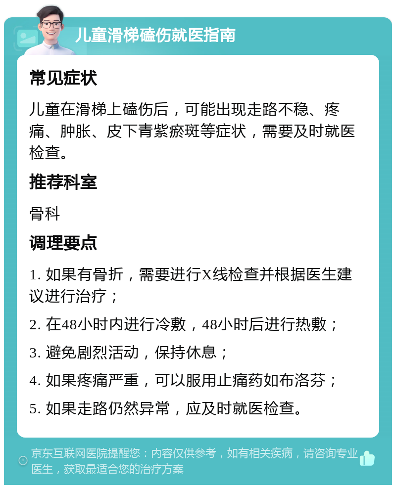 儿童滑梯磕伤就医指南 常见症状 儿童在滑梯上磕伤后，可能出现走路不稳、疼痛、肿胀、皮下青紫瘀斑等症状，需要及时就医检查。 推荐科室 骨科 调理要点 1. 如果有骨折，需要进行X线检查并根据医生建议进行治疗； 2. 在48小时内进行冷敷，48小时后进行热敷； 3. 避免剧烈活动，保持休息； 4. 如果疼痛严重，可以服用止痛药如布洛芬； 5. 如果走路仍然异常，应及时就医检查。