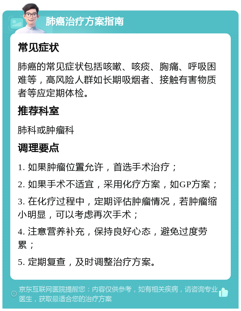 肺癌治疗方案指南 常见症状 肺癌的常见症状包括咳嗽、咳痰、胸痛、呼吸困难等，高风险人群如长期吸烟者、接触有害物质者等应定期体检。 推荐科室 肺科或肿瘤科 调理要点 1. 如果肿瘤位置允许，首选手术治疗； 2. 如果手术不适宜，采用化疗方案，如GP方案； 3. 在化疗过程中，定期评估肿瘤情况，若肿瘤缩小明显，可以考虑再次手术； 4. 注意营养补充，保持良好心态，避免过度劳累； 5. 定期复查，及时调整治疗方案。