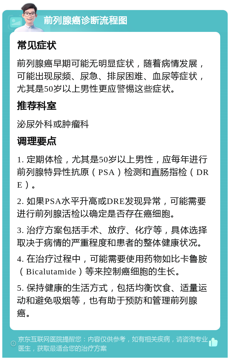 前列腺癌诊断流程图 常见症状 前列腺癌早期可能无明显症状，随着病情发展，可能出现尿频、尿急、排尿困难、血尿等症状，尤其是50岁以上男性更应警惕这些症状。 推荐科室 泌尿外科或肿瘤科 调理要点 1. 定期体检，尤其是50岁以上男性，应每年进行前列腺特异性抗原（PSA）检测和直肠指检（DRE）。 2. 如果PSA水平升高或DRE发现异常，可能需要进行前列腺活检以确定是否存在癌细胞。 3. 治疗方案包括手术、放疗、化疗等，具体选择取决于病情的严重程度和患者的整体健康状况。 4. 在治疗过程中，可能需要使用药物如比卡鲁胺（Bicalutamide）等来控制癌细胞的生长。 5. 保持健康的生活方式，包括均衡饮食、适量运动和避免吸烟等，也有助于预防和管理前列腺癌。