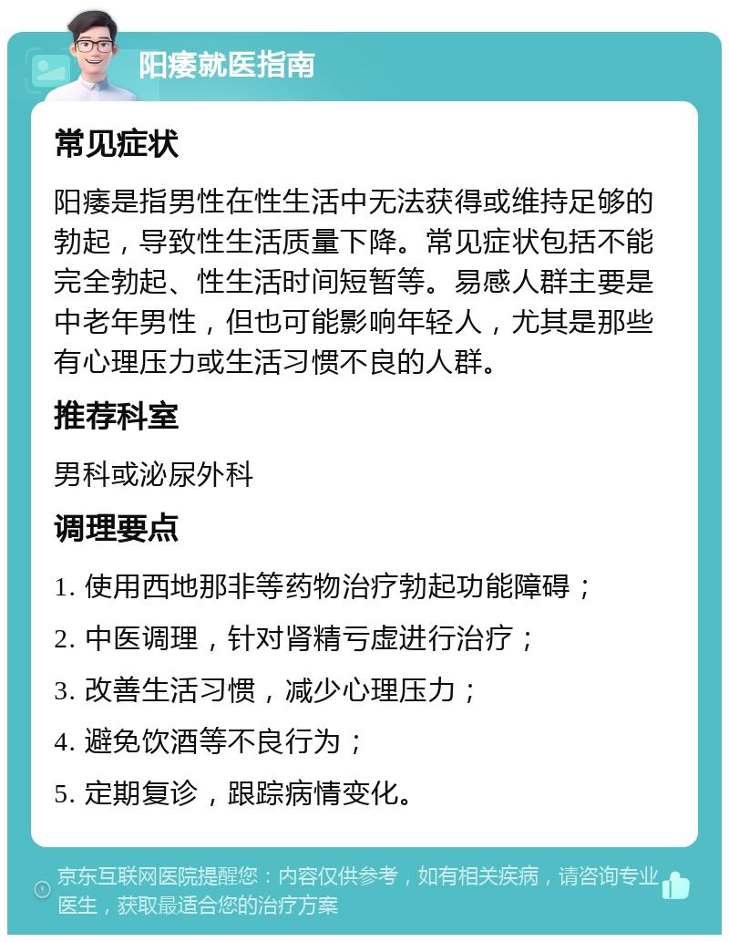 阳痿就医指南 常见症状 阳痿是指男性在性生活中无法获得或维持足够的勃起，导致性生活质量下降。常见症状包括不能完全勃起、性生活时间短暂等。易感人群主要是中老年男性，但也可能影响年轻人，尤其是那些有心理压力或生活习惯不良的人群。 推荐科室 男科或泌尿外科 调理要点 1. 使用西地那非等药物治疗勃起功能障碍； 2. 中医调理，针对肾精亏虚进行治疗； 3. 改善生活习惯，减少心理压力； 4. 避免饮酒等不良行为； 5. 定期复诊，跟踪病情变化。