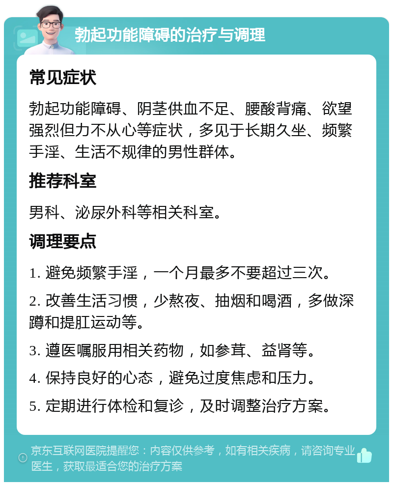 勃起功能障碍的治疗与调理 常见症状 勃起功能障碍、阴茎供血不足、腰酸背痛、欲望强烈但力不从心等症状，多见于长期久坐、频繁手淫、生活不规律的男性群体。 推荐科室 男科、泌尿外科等相关科室。 调理要点 1. 避免频繁手淫，一个月最多不要超过三次。 2. 改善生活习惯，少熬夜、抽烟和喝酒，多做深蹲和提肛运动等。 3. 遵医嘱服用相关药物，如参茸、益肾等。 4. 保持良好的心态，避免过度焦虑和压力。 5. 定期进行体检和复诊，及时调整治疗方案。