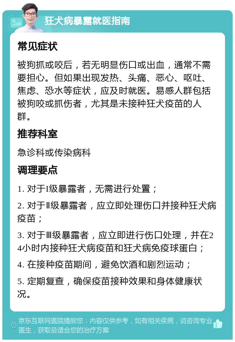 狂犬病暴露就医指南 常见症状 被狗抓或咬后，若无明显伤口或出血，通常不需要担心。但如果出现发热、头痛、恶心、呕吐、焦虑、恐水等症状，应及时就医。易感人群包括被狗咬或抓伤者，尤其是未接种狂犬疫苗的人群。 推荐科室 急诊科或传染病科 调理要点 1. 对于I级暴露者，无需进行处置； 2. 对于Ⅱ级暴露者，应立即处理伤口并接种狂犬病疫苗； 3. 对于Ⅲ级暴露者，应立即进行伤口处理，并在24小时内接种狂犬病疫苗和狂犬病免疫球蛋白； 4. 在接种疫苗期间，避免饮酒和剧烈运动； 5. 定期复查，确保疫苗接种效果和身体健康状况。