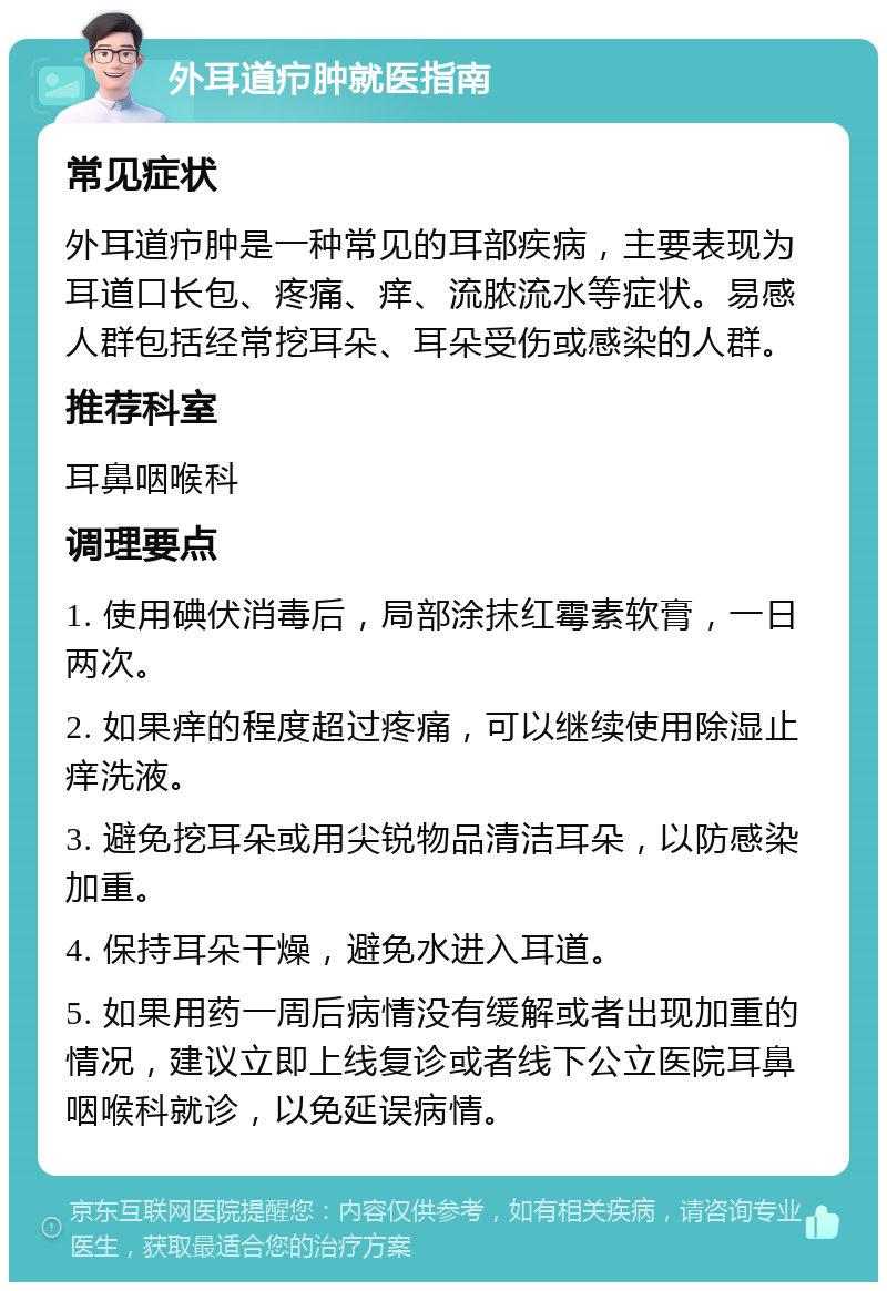 外耳道疖肿就医指南 常见症状 外耳道疖肿是一种常见的耳部疾病，主要表现为耳道口长包、疼痛、痒、流脓流水等症状。易感人群包括经常挖耳朵、耳朵受伤或感染的人群。 推荐科室 耳鼻咽喉科 调理要点 1. 使用碘伏消毒后，局部涂抹红霉素软膏，一日两次。 2. 如果痒的程度超过疼痛，可以继续使用除湿止痒洗液。 3. 避免挖耳朵或用尖锐物品清洁耳朵，以防感染加重。 4. 保持耳朵干燥，避免水进入耳道。 5. 如果用药一周后病情没有缓解或者出现加重的情况，建议立即上线复诊或者线下公立医院耳鼻咽喉科就诊，以免延误病情。