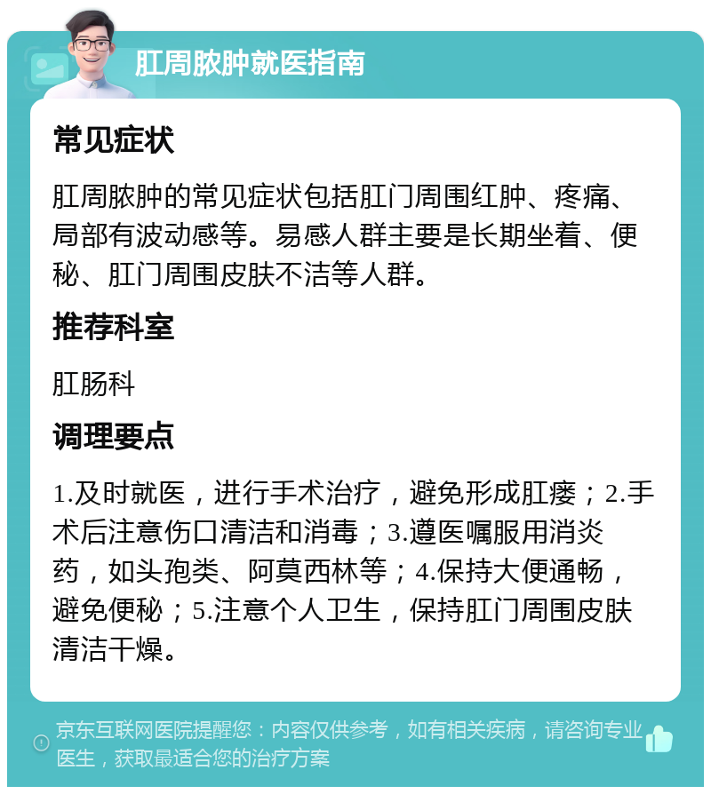 肛周脓肿就医指南 常见症状 肛周脓肿的常见症状包括肛门周围红肿、疼痛、局部有波动感等。易感人群主要是长期坐着、便秘、肛门周围皮肤不洁等人群。 推荐科室 肛肠科 调理要点 1.及时就医，进行手术治疗，避免形成肛瘘；2.手术后注意伤口清洁和消毒；3.遵医嘱服用消炎药，如头孢类、阿莫西林等；4.保持大便通畅，避免便秘；5.注意个人卫生，保持肛门周围皮肤清洁干燥。