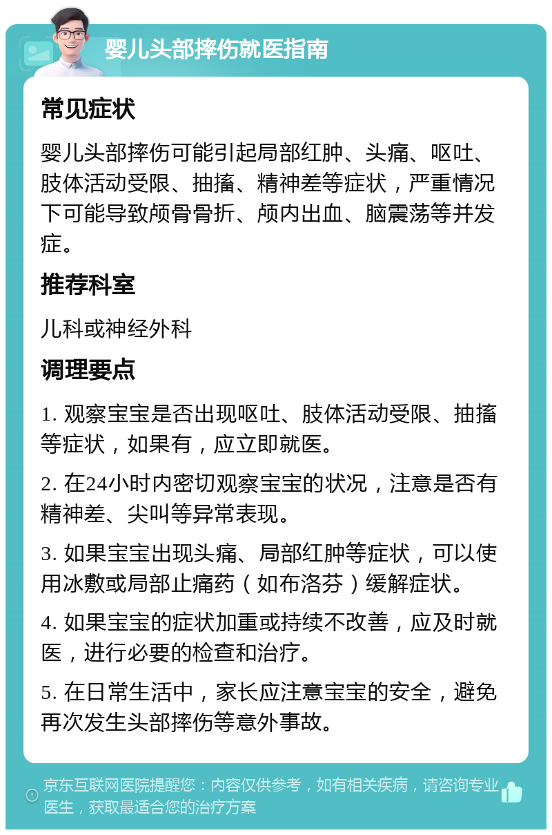 婴儿头部摔伤就医指南 常见症状 婴儿头部摔伤可能引起局部红肿、头痛、呕吐、肢体活动受限、抽搐、精神差等症状，严重情况下可能导致颅骨骨折、颅内出血、脑震荡等并发症。 推荐科室 儿科或神经外科 调理要点 1. 观察宝宝是否出现呕吐、肢体活动受限、抽搐等症状，如果有，应立即就医。 2. 在24小时内密切观察宝宝的状况，注意是否有精神差、尖叫等异常表现。 3. 如果宝宝出现头痛、局部红肿等症状，可以使用冰敷或局部止痛药（如布洛芬）缓解症状。 4. 如果宝宝的症状加重或持续不改善，应及时就医，进行必要的检查和治疗。 5. 在日常生活中，家长应注意宝宝的安全，避免再次发生头部摔伤等意外事故。