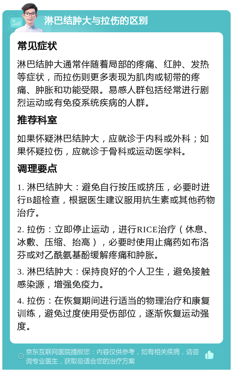 淋巴结肿大与拉伤的区别 常见症状 淋巴结肿大通常伴随着局部的疼痛、红肿、发热等症状，而拉伤则更多表现为肌肉或韧带的疼痛、肿胀和功能受限。易感人群包括经常进行剧烈运动或有免疫系统疾病的人群。 推荐科室 如果怀疑淋巴结肿大，应就诊于内科或外科；如果怀疑拉伤，应就诊于骨科或运动医学科。 调理要点 1. 淋巴结肿大：避免自行按压或挤压，必要时进行B超检查，根据医生建议服用抗生素或其他药物治疗。 2. 拉伤：立即停止运动，进行RICE治疗（休息、冰敷、压缩、抬高），必要时使用止痛药如布洛芬或对乙酰氨基酚缓解疼痛和肿胀。 3. 淋巴结肿大：保持良好的个人卫生，避免接触感染源，增强免疫力。 4. 拉伤：在恢复期间进行适当的物理治疗和康复训练，避免过度使用受伤部位，逐渐恢复运动强度。