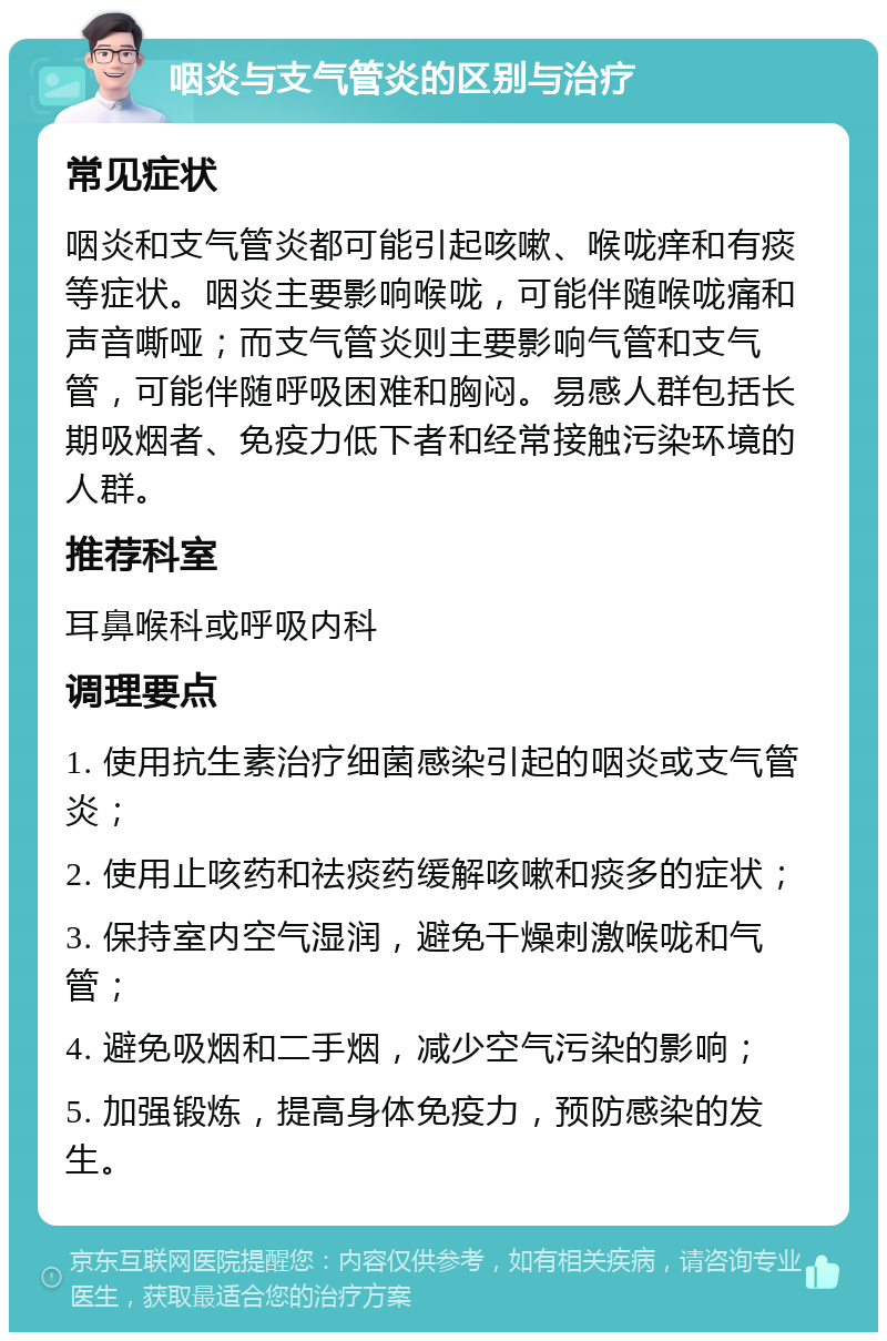 咽炎与支气管炎的区别与治疗 常见症状 咽炎和支气管炎都可能引起咳嗽、喉咙痒和有痰等症状。咽炎主要影响喉咙，可能伴随喉咙痛和声音嘶哑；而支气管炎则主要影响气管和支气管，可能伴随呼吸困难和胸闷。易感人群包括长期吸烟者、免疫力低下者和经常接触污染环境的人群。 推荐科室 耳鼻喉科或呼吸内科 调理要点 1. 使用抗生素治疗细菌感染引起的咽炎或支气管炎； 2. 使用止咳药和祛痰药缓解咳嗽和痰多的症状； 3. 保持室内空气湿润，避免干燥刺激喉咙和气管； 4. 避免吸烟和二手烟，减少空气污染的影响； 5. 加强锻炼，提高身体免疫力，预防感染的发生。