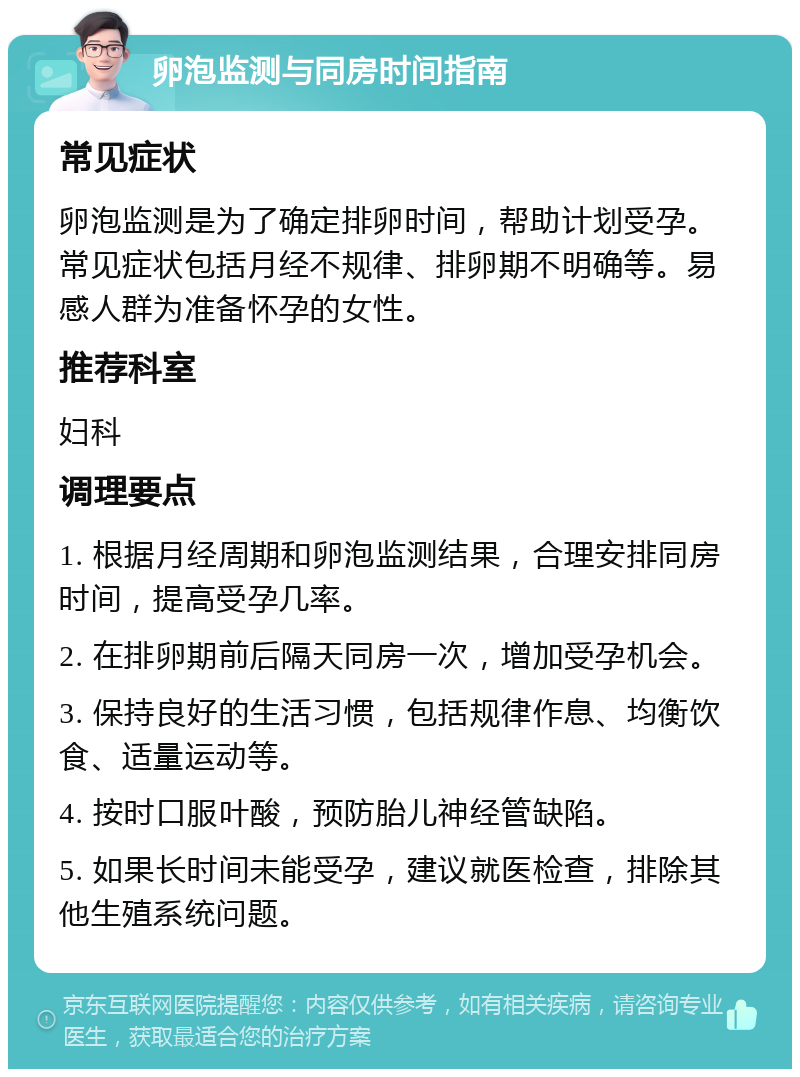 卵泡监测与同房时间指南 常见症状 卵泡监测是为了确定排卵时间，帮助计划受孕。常见症状包括月经不规律、排卵期不明确等。易感人群为准备怀孕的女性。 推荐科室 妇科 调理要点 1. 根据月经周期和卵泡监测结果，合理安排同房时间，提高受孕几率。 2. 在排卵期前后隔天同房一次，增加受孕机会。 3. 保持良好的生活习惯，包括规律作息、均衡饮食、适量运动等。 4. 按时口服叶酸，预防胎儿神经管缺陷。 5. 如果长时间未能受孕，建议就医检查，排除其他生殖系统问题。