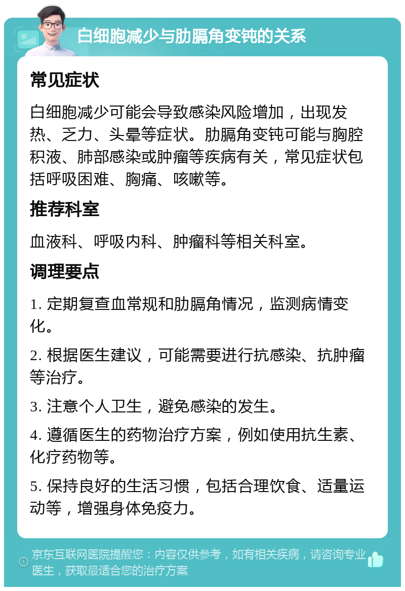 白细胞减少与肋膈角变钝的关系 常见症状 白细胞减少可能会导致感染风险增加，出现发热、乏力、头晕等症状。肋膈角变钝可能与胸腔积液、肺部感染或肿瘤等疾病有关，常见症状包括呼吸困难、胸痛、咳嗽等。 推荐科室 血液科、呼吸内科、肿瘤科等相关科室。 调理要点 1. 定期复查血常规和肋膈角情况，监测病情变化。 2. 根据医生建议，可能需要进行抗感染、抗肿瘤等治疗。 3. 注意个人卫生，避免感染的发生。 4. 遵循医生的药物治疗方案，例如使用抗生素、化疗药物等。 5. 保持良好的生活习惯，包括合理饮食、适量运动等，增强身体免疫力。