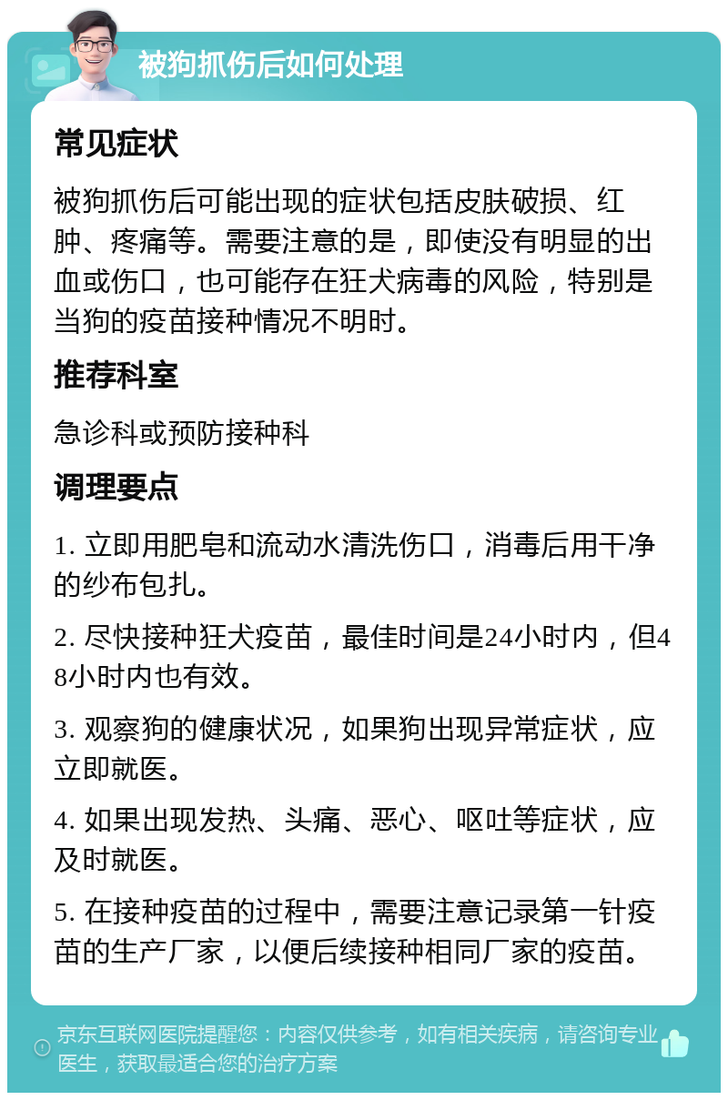 被狗抓伤后如何处理 常见症状 被狗抓伤后可能出现的症状包括皮肤破损、红肿、疼痛等。需要注意的是，即使没有明显的出血或伤口，也可能存在狂犬病毒的风险，特别是当狗的疫苗接种情况不明时。 推荐科室 急诊科或预防接种科 调理要点 1. 立即用肥皂和流动水清洗伤口，消毒后用干净的纱布包扎。 2. 尽快接种狂犬疫苗，最佳时间是24小时内，但48小时内也有效。 3. 观察狗的健康状况，如果狗出现异常症状，应立即就医。 4. 如果出现发热、头痛、恶心、呕吐等症状，应及时就医。 5. 在接种疫苗的过程中，需要注意记录第一针疫苗的生产厂家，以便后续接种相同厂家的疫苗。