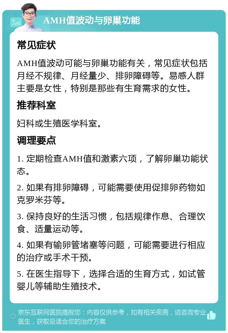 AMH值波动与卵巢功能 常见症状 AMH值波动可能与卵巢功能有关，常见症状包括月经不规律、月经量少、排卵障碍等。易感人群主要是女性，特别是那些有生育需求的女性。 推荐科室 妇科或生殖医学科室。 调理要点 1. 定期检查AMH值和激素六项，了解卵巢功能状态。 2. 如果有排卵障碍，可能需要使用促排卵药物如克罗米芬等。 3. 保持良好的生活习惯，包括规律作息、合理饮食、适量运动等。 4. 如果有输卵管堵塞等问题，可能需要进行相应的治疗或手术干预。 5. 在医生指导下，选择合适的生育方式，如试管婴儿等辅助生殖技术。