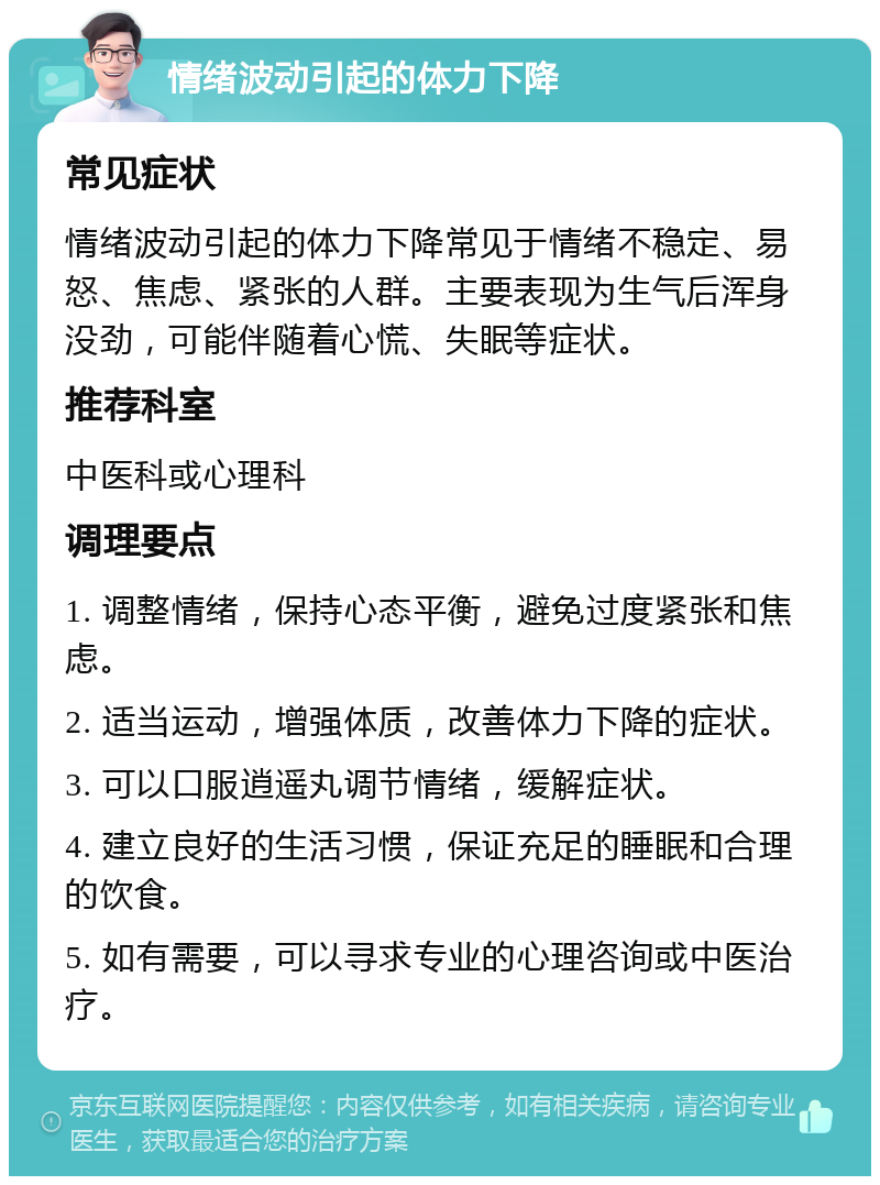 情绪波动引起的体力下降 常见症状 情绪波动引起的体力下降常见于情绪不稳定、易怒、焦虑、紧张的人群。主要表现为生气后浑身没劲，可能伴随着心慌、失眠等症状。 推荐科室 中医科或心理科 调理要点 1. 调整情绪，保持心态平衡，避免过度紧张和焦虑。 2. 适当运动，增强体质，改善体力下降的症状。 3. 可以口服逍遥丸调节情绪，缓解症状。 4. 建立良好的生活习惯，保证充足的睡眠和合理的饮食。 5. 如有需要，可以寻求专业的心理咨询或中医治疗。