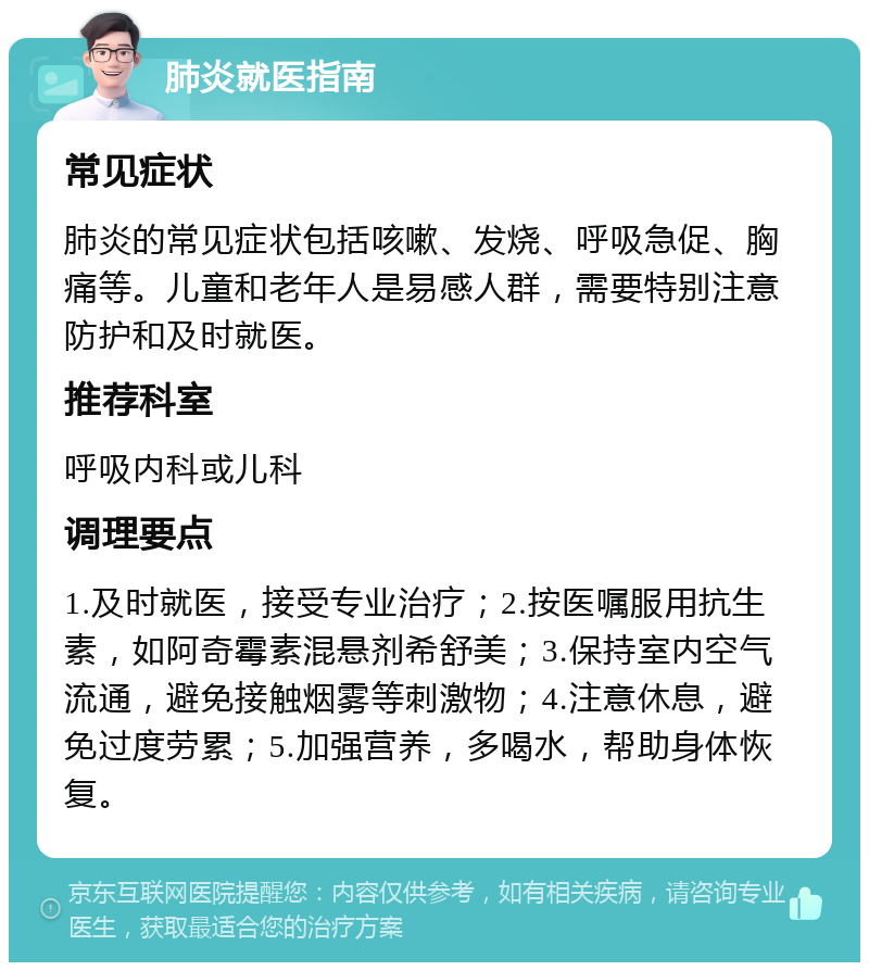 肺炎就医指南 常见症状 肺炎的常见症状包括咳嗽、发烧、呼吸急促、胸痛等。儿童和老年人是易感人群，需要特别注意防护和及时就医。 推荐科室 呼吸内科或儿科 调理要点 1.及时就医，接受专业治疗；2.按医嘱服用抗生素，如阿奇霉素混悬剂希舒美；3.保持室内空气流通，避免接触烟雾等刺激物；4.注意休息，避免过度劳累；5.加强营养，多喝水，帮助身体恢复。