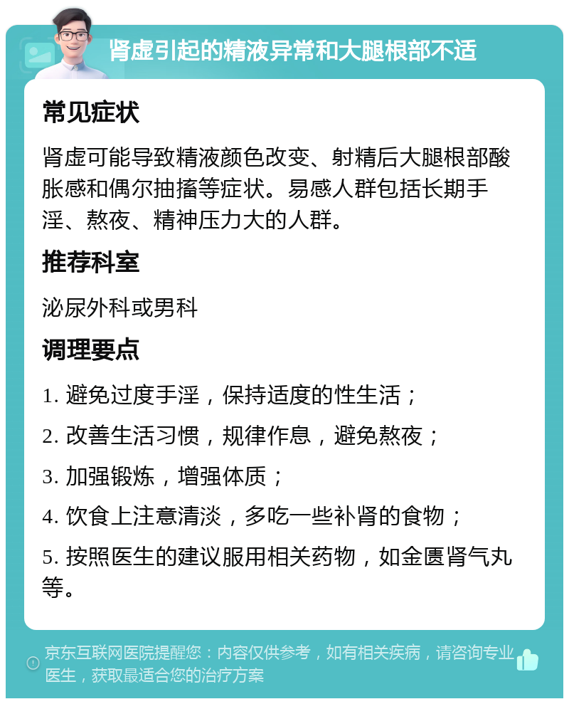 肾虚引起的精液异常和大腿根部不适 常见症状 肾虚可能导致精液颜色改变、射精后大腿根部酸胀感和偶尔抽搐等症状。易感人群包括长期手淫、熬夜、精神压力大的人群。 推荐科室 泌尿外科或男科 调理要点 1. 避免过度手淫，保持适度的性生活； 2. 改善生活习惯，规律作息，避免熬夜； 3. 加强锻炼，增强体质； 4. 饮食上注意清淡，多吃一些补肾的食物； 5. 按照医生的建议服用相关药物，如金匮肾气丸等。