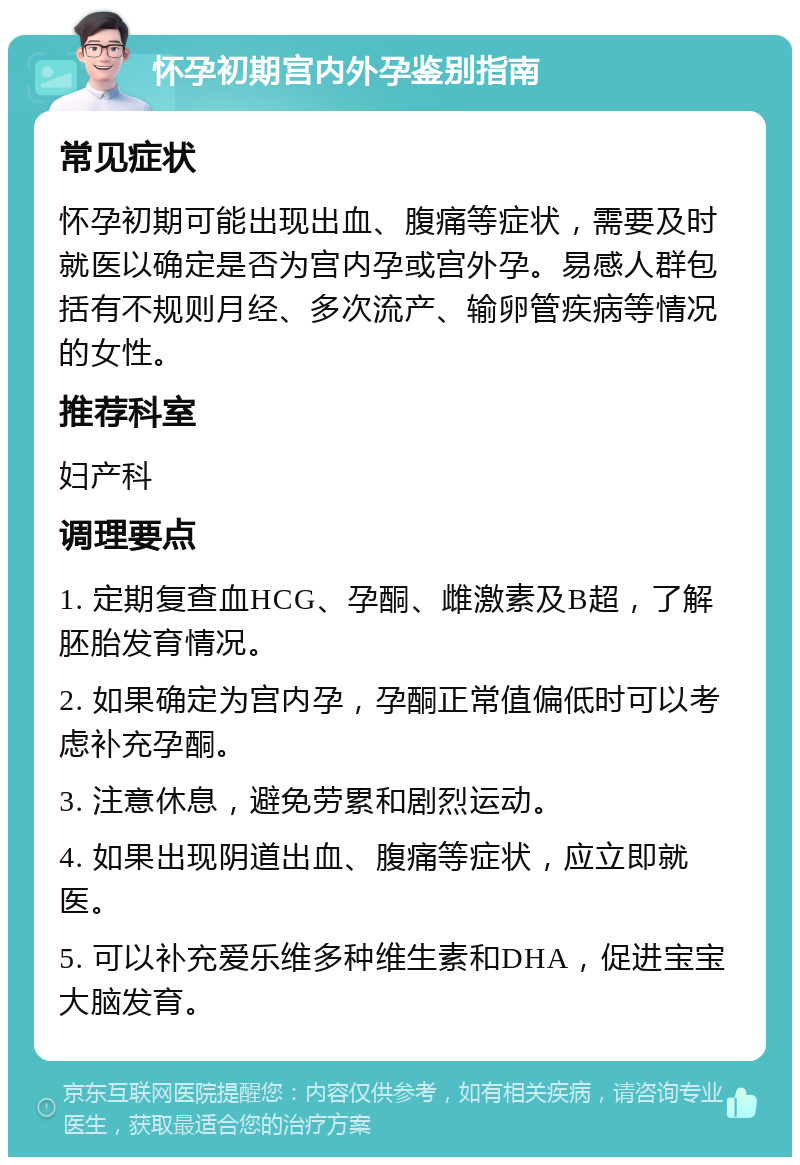 怀孕初期宫内外孕鉴别指南 常见症状 怀孕初期可能出现出血、腹痛等症状，需要及时就医以确定是否为宫内孕或宫外孕。易感人群包括有不规则月经、多次流产、输卵管疾病等情况的女性。 推荐科室 妇产科 调理要点 1. 定期复查血HCG、孕酮、雌激素及B超，了解胚胎发育情况。 2. 如果确定为宫内孕，孕酮正常值偏低时可以考虑补充孕酮。 3. 注意休息，避免劳累和剧烈运动。 4. 如果出现阴道出血、腹痛等症状，应立即就医。 5. 可以补充爱乐维多种维生素和DHA，促进宝宝大脑发育。