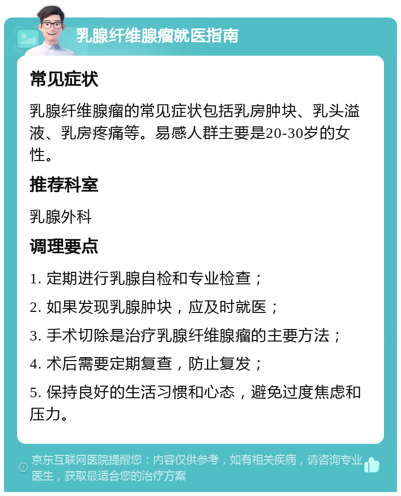 乳腺纤维腺瘤就医指南 常见症状 乳腺纤维腺瘤的常见症状包括乳房肿块、乳头溢液、乳房疼痛等。易感人群主要是20-30岁的女性。 推荐科室 乳腺外科 调理要点 1. 定期进行乳腺自检和专业检查； 2. 如果发现乳腺肿块，应及时就医； 3. 手术切除是治疗乳腺纤维腺瘤的主要方法； 4. 术后需要定期复查，防止复发； 5. 保持良好的生活习惯和心态，避免过度焦虑和压力。